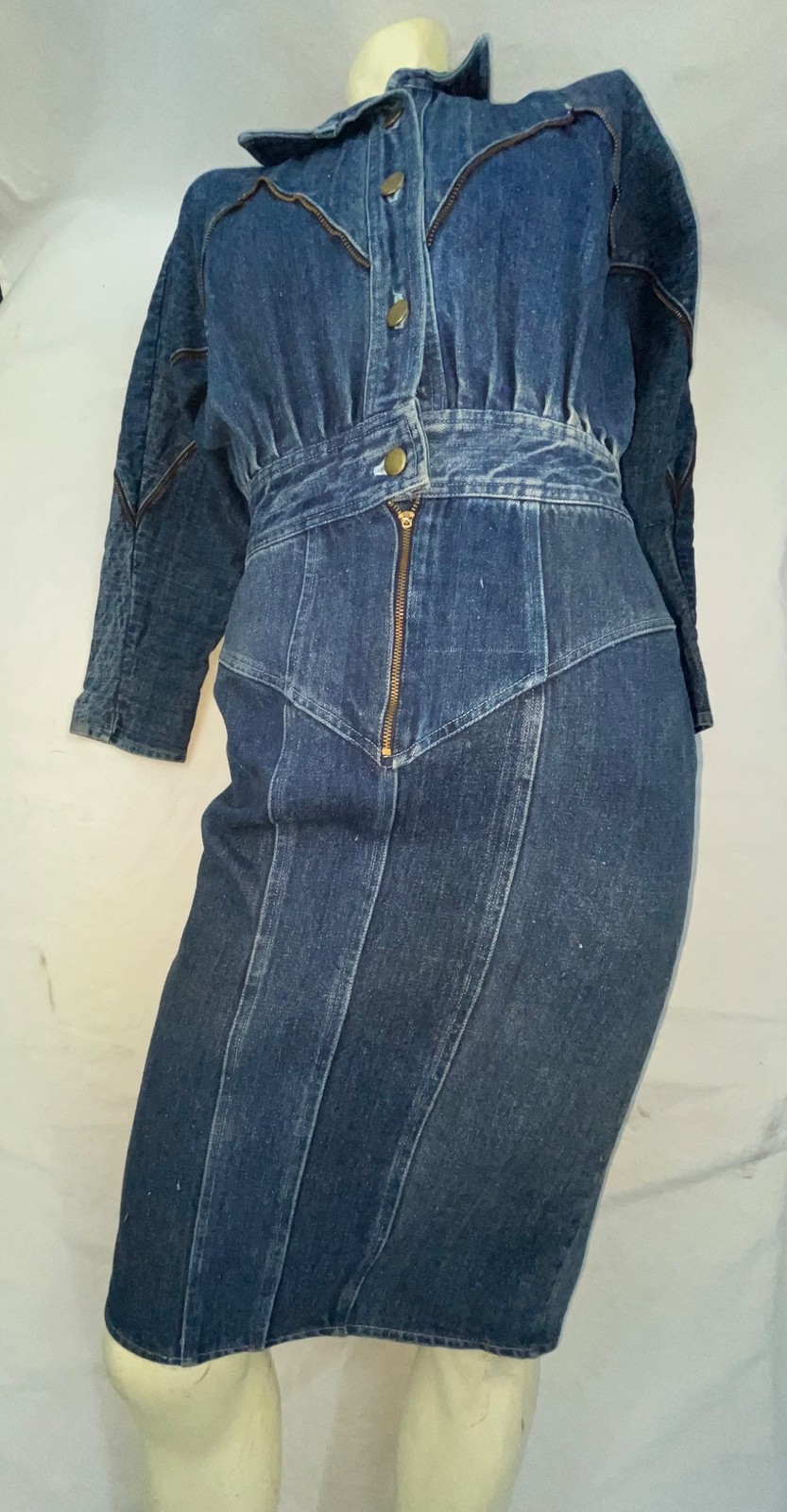 VTG 80S RETRO WOMENS 7/8 S DARK DENIM JEAN ZIPPER TRIM NEW WAVE BUTTON ZIP DRESS