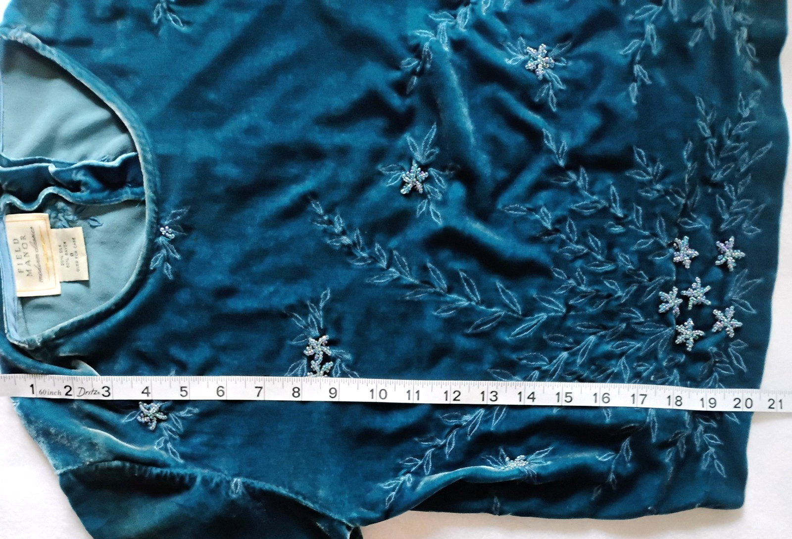 Vintage Field & Manor Teal Velvet beaded & embellished Top Size 8