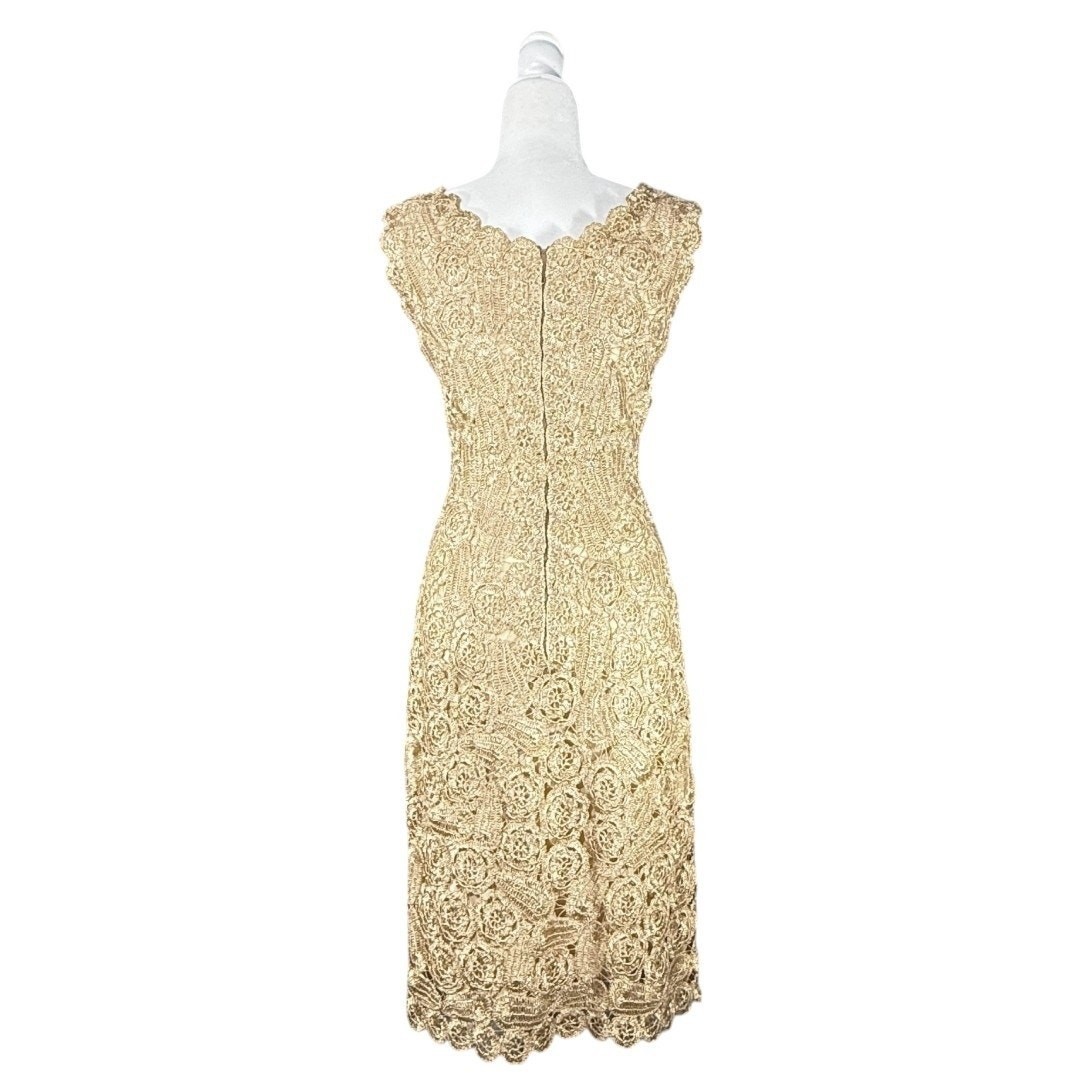 Vtg Raffia Crochet Wiggle Dress Woven Italian Tan Scallop Autumn Wedding Guest S