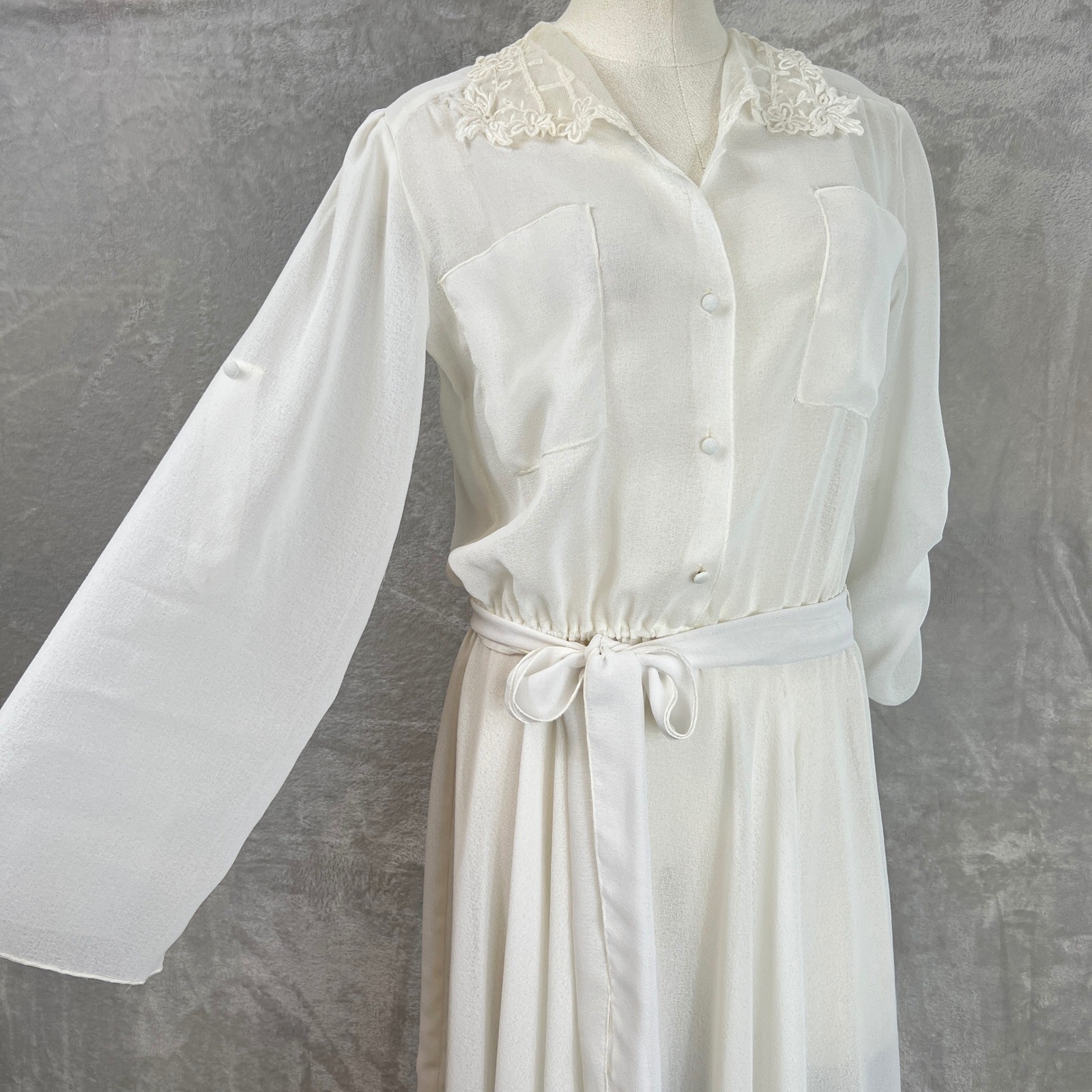 VTG 80s Strauss by Bonnie White Sheer Lace Collar Midi Dress Sz 5/6 modern S/M