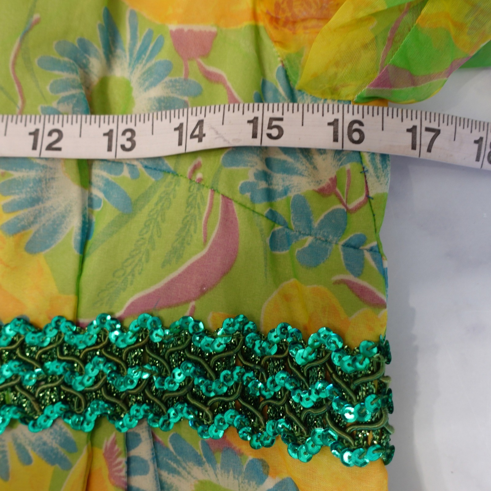 Vintage Boho Hippie Handmade Floral Maxi Dress Green Yellow Sequin 60s 70s Large