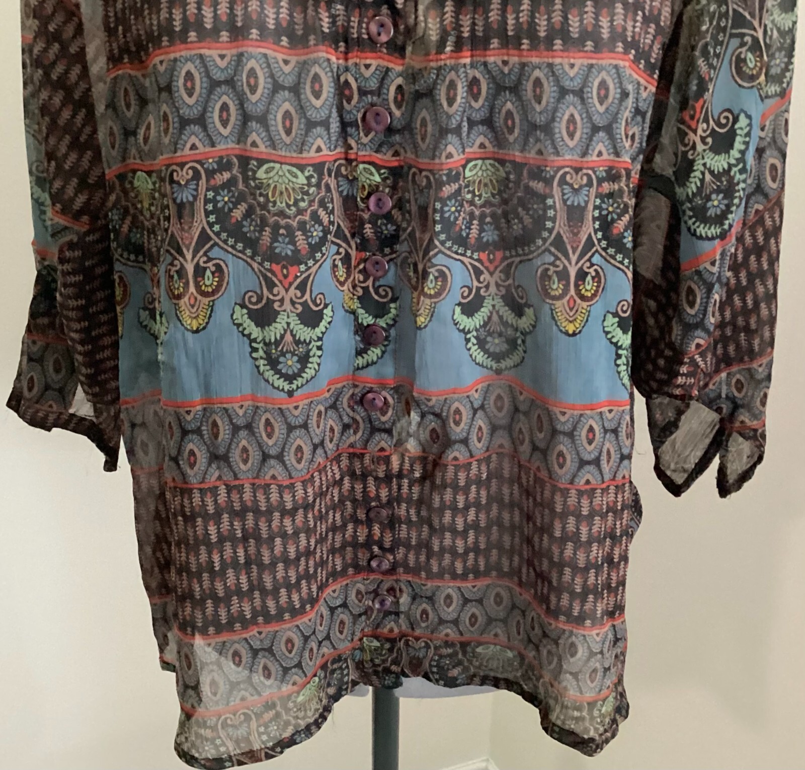 VTG Passport Pier 1 black teal pattern scoop v neck button sheer BOHO 3/4 sleeve