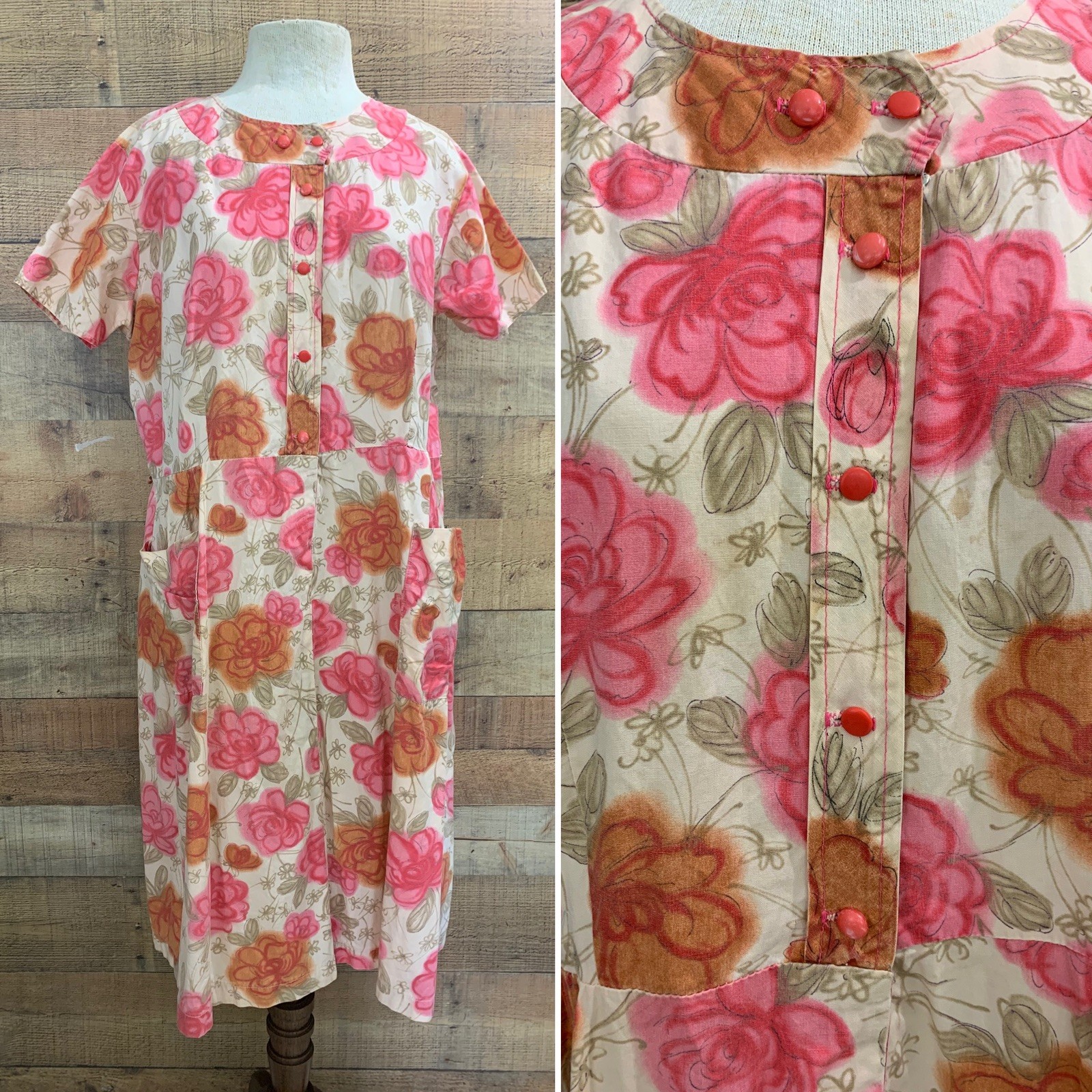 Vintage 1950’s Cotton Button Front Floral Dress Bust 44”/38”Waist
