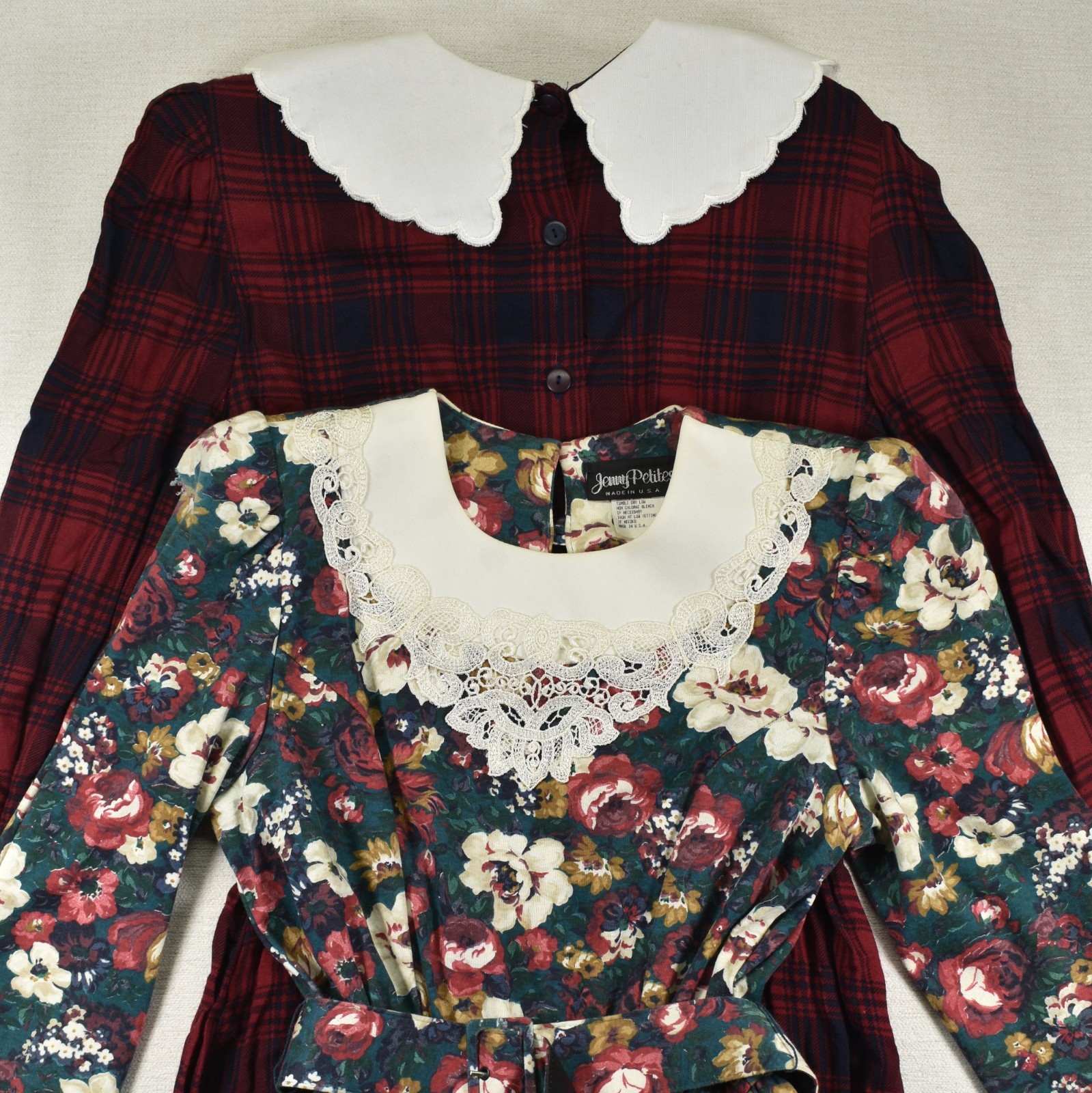 Vintage Dress Lot 2 Jenny Petites Miss Dorby 10 Plaid Floral Lace Collar 80s 90s