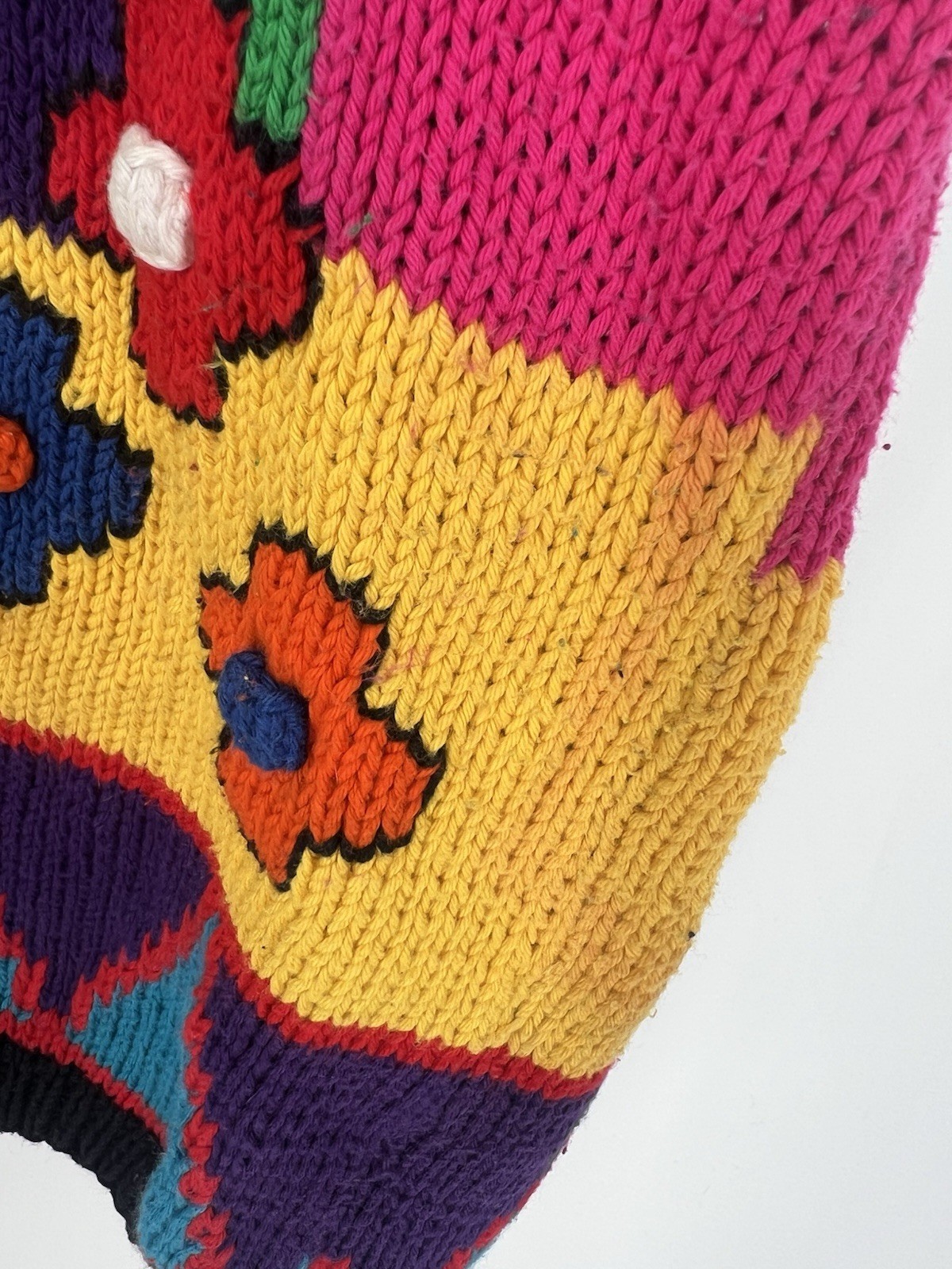 Vtg Andina Retro Abstract Embroidered Floral Cactus Chunky Knit Sweater Cardigan