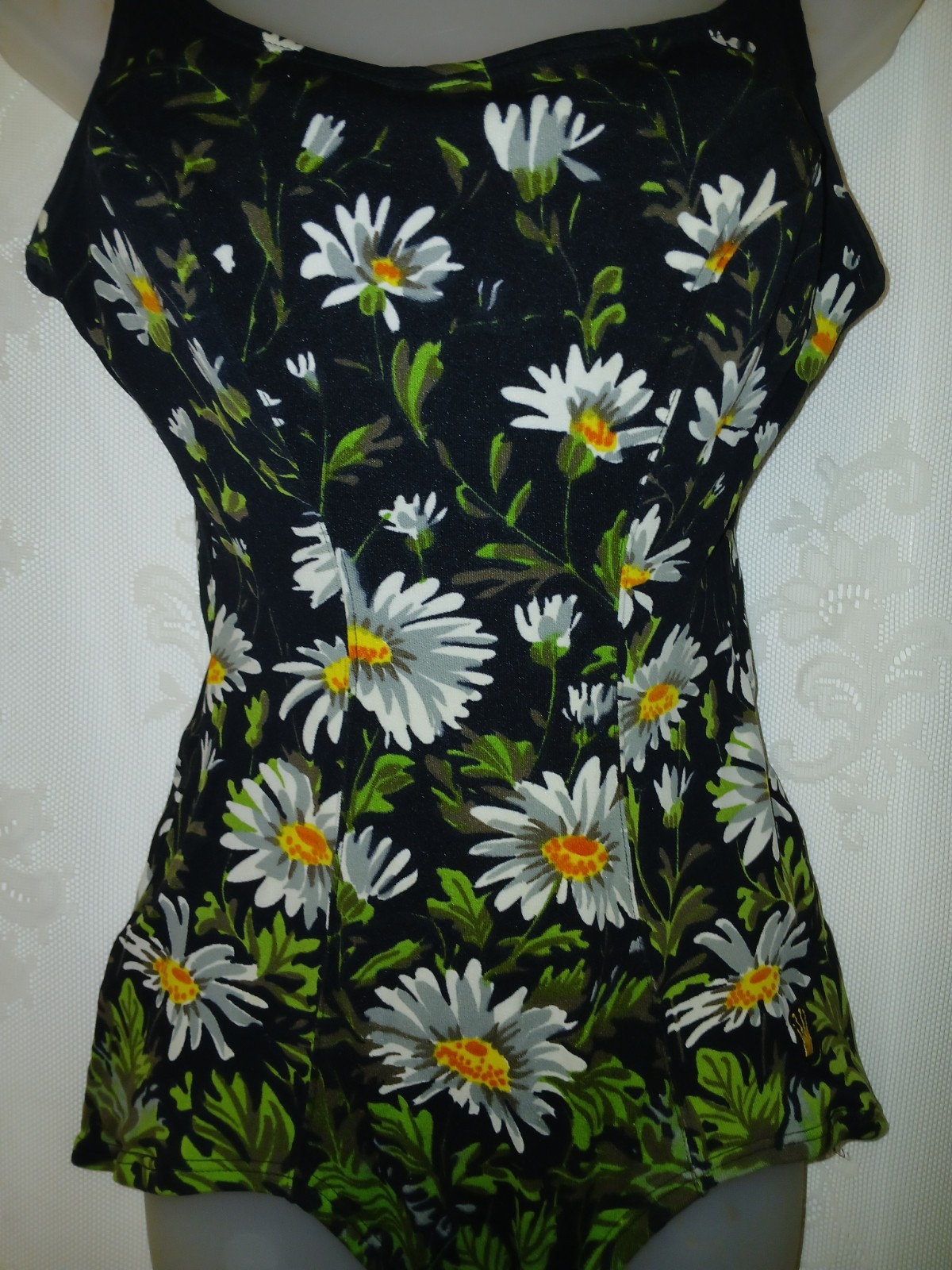 Vintage 60s Daisy Print Mod Bathing Suit Swimsuit Tiki Oasis Pinup Rockabilly M