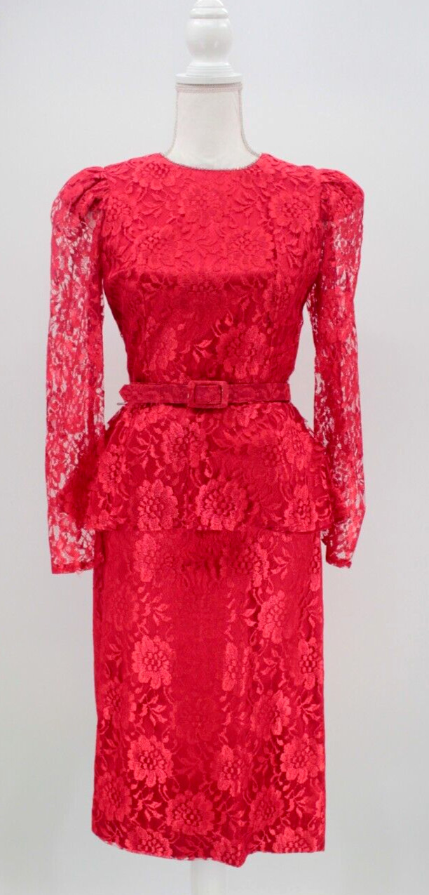 Vtg Womens 80s Red Lace Cocktail Dress W/ Rhinestone Trim 1980s XS/S Vijack Prom