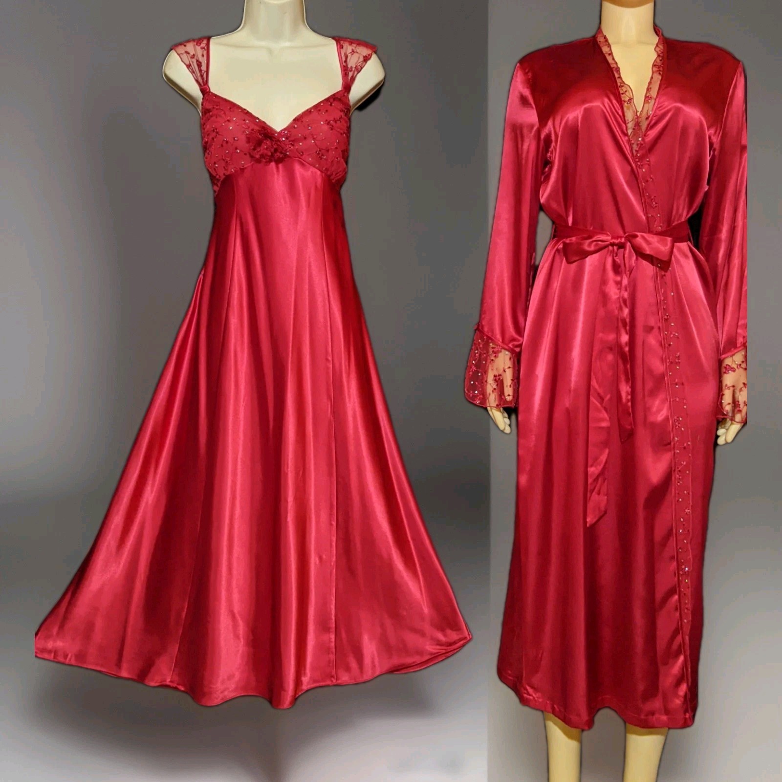 Vintage RED Embroidered Sparkle Shiny Satin Nightgown & Robe Peignoir Set M