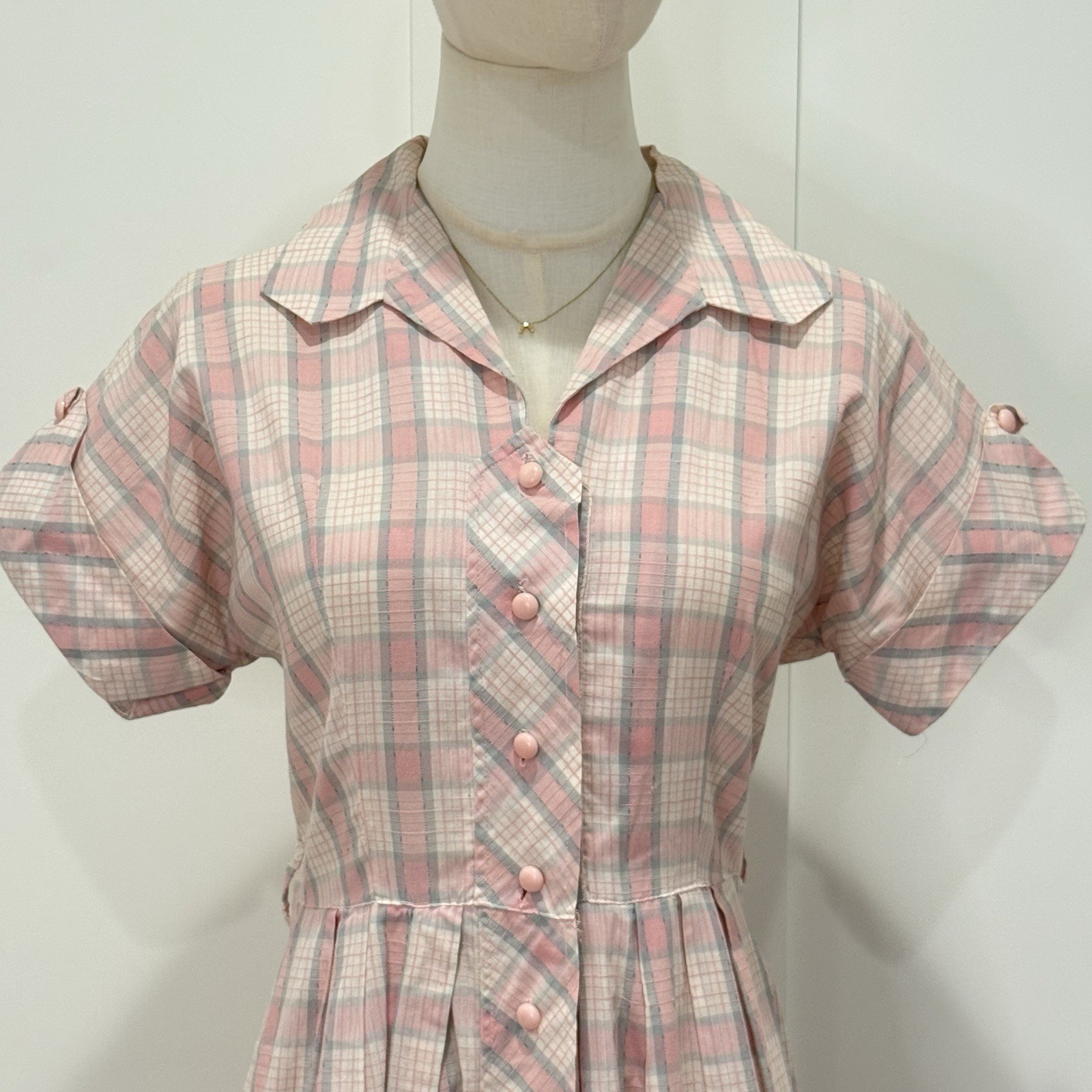 Vintage Adele Fashions Plaid Day Dress Small Pink 50s Retro Cottage Feminine