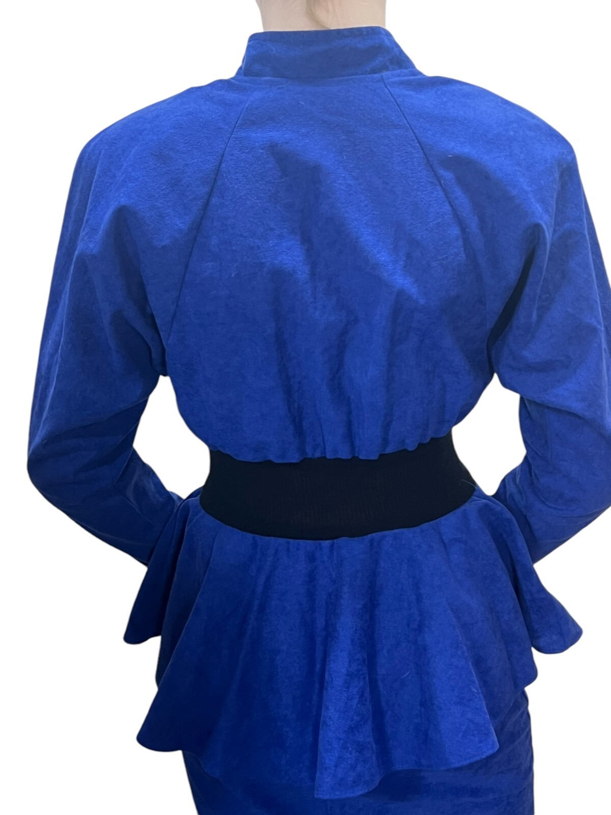 XS~S Vtg 80s Sz 3/4 Blue Velour Dress Peplum Pencil Skirt Dolman Sleeve T Junior