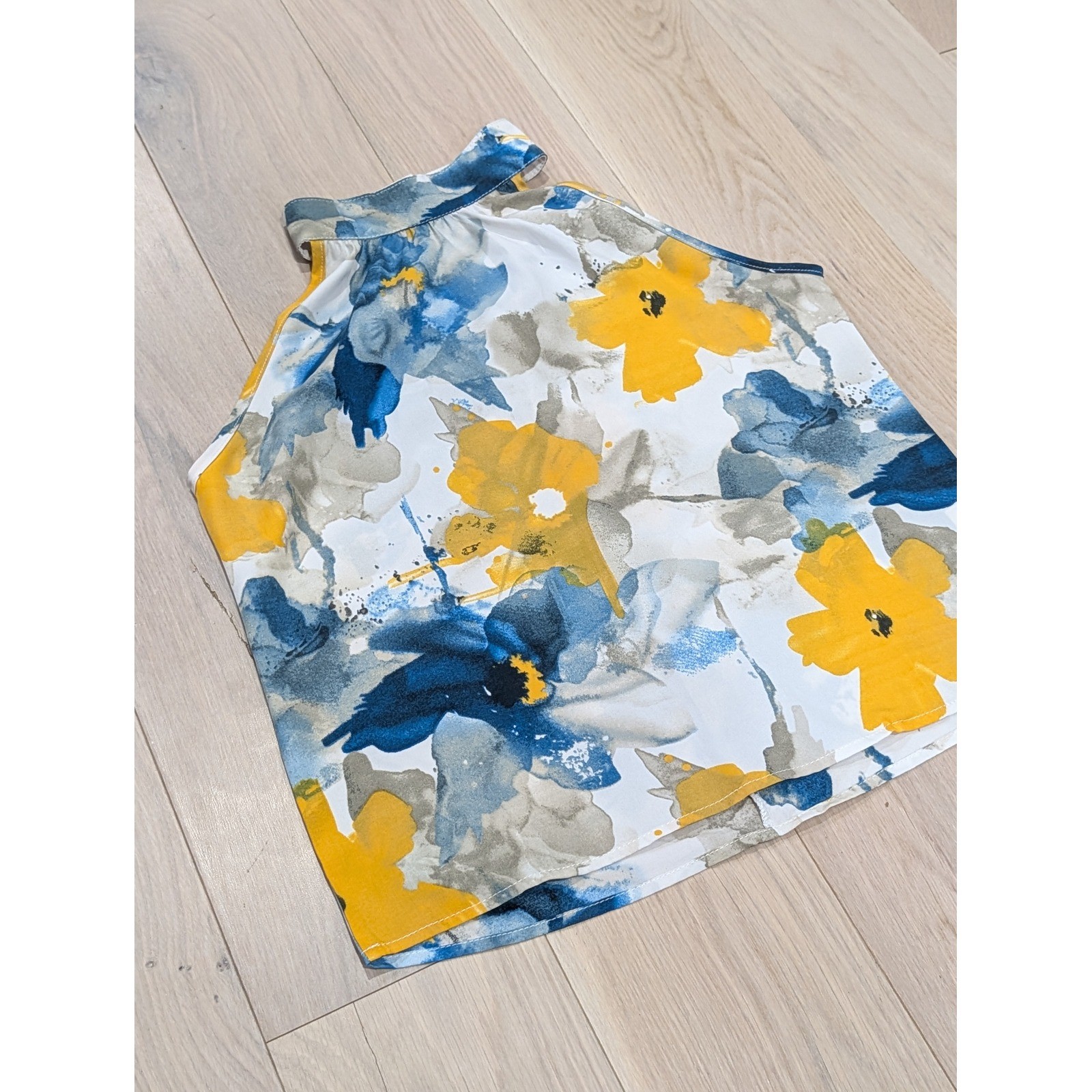 Watercolor Floral Halter Top Blue Yellow Abstract Print Women’s Small