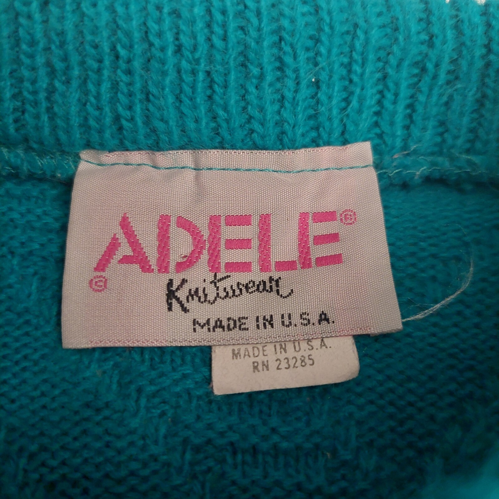 Adele Knitwear Vintage 80’s Teal Diamond Textured Knit Crewneck Sweater Size L
