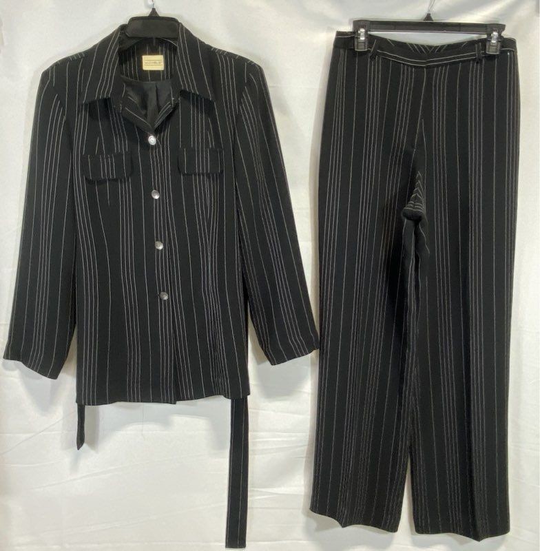Vintage 90s Michele Women’s Black Pinstripe Pant Suit Belted Jacket Trouser Set