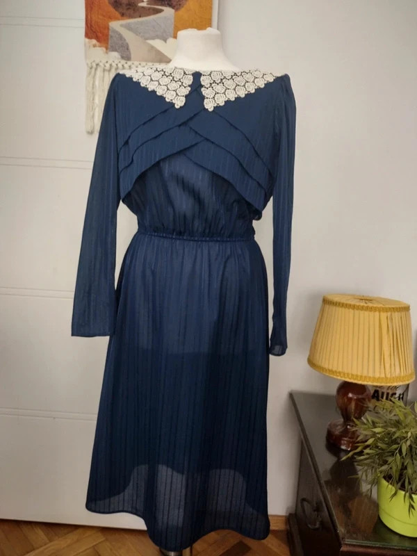 Rice Pudding Ltd Vintage 70s 80s Lace Collar Dress Navy Blue Striped Made in USA