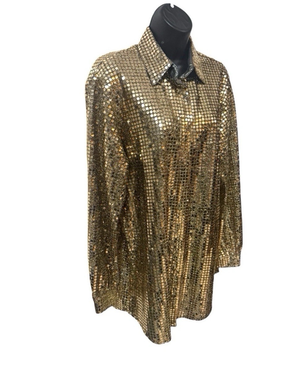 Vintage Three Flaggs I. Magnin Gold Sequin Disco Shirt Blouse 70s 80s Glam Sz M