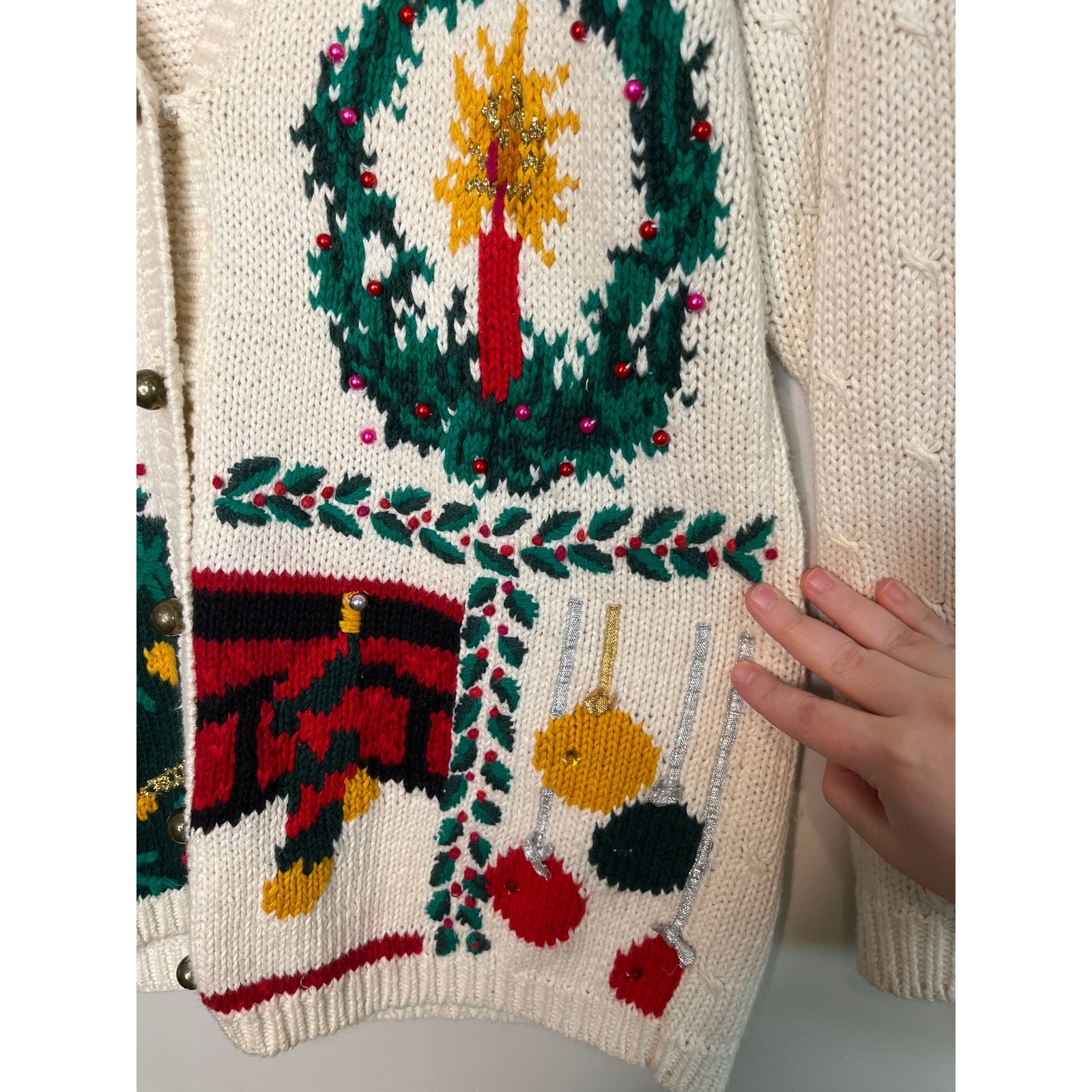 1980s Casual Corner Christmas Patchwork Ornaments Holly Jingle Bells Cardigan L