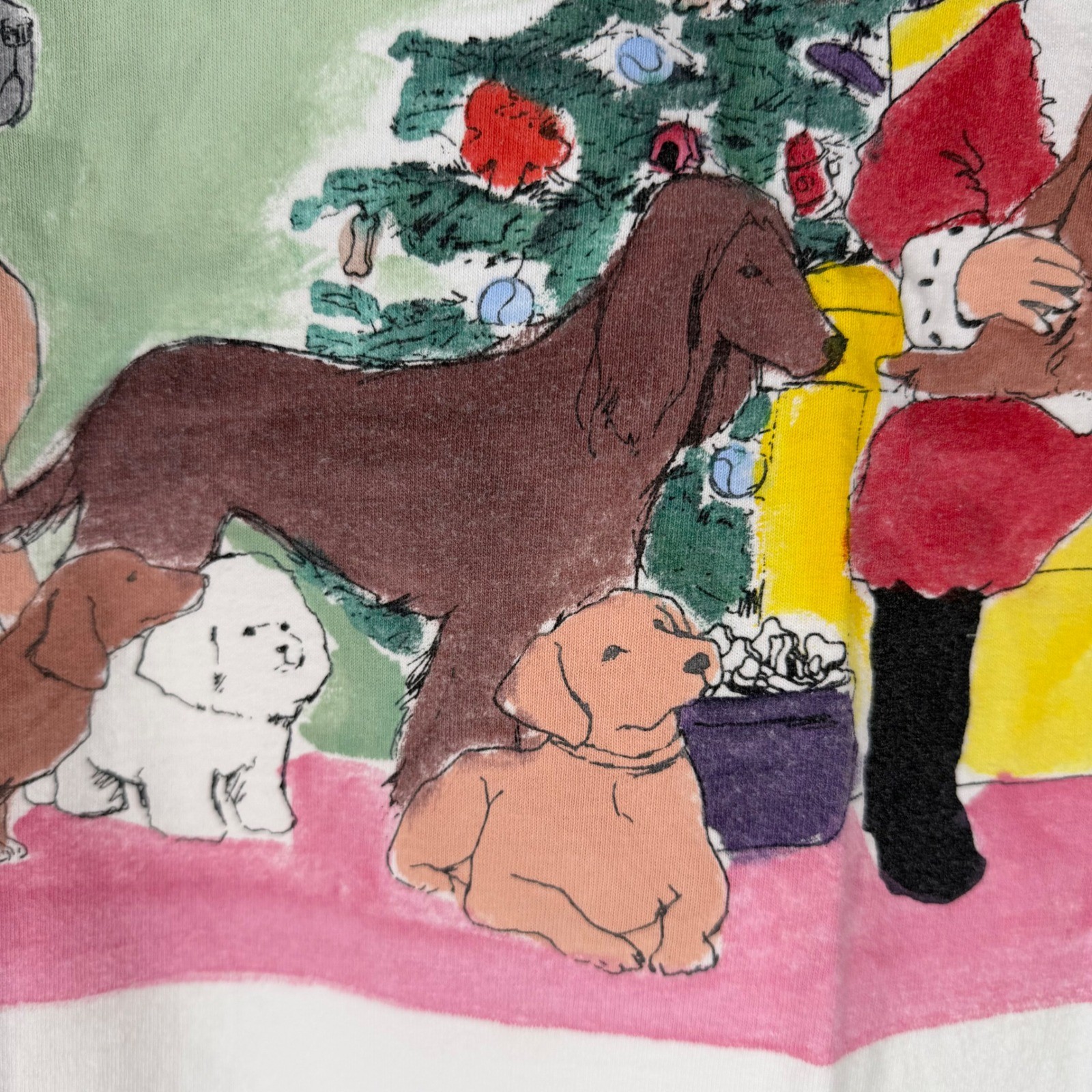 Vintage Diane Wat Hand Painted Christmas Dogs Santa T-Shirt White One Size