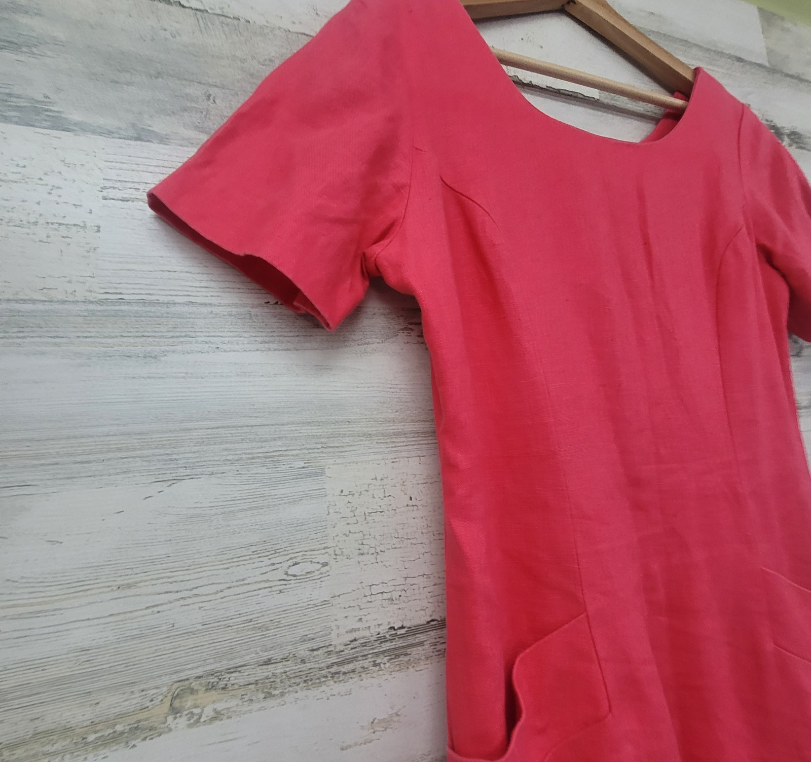 Vintage 90s Ellen Ashley Pink Linen Sheath Dress Pockets Lined Size 4
