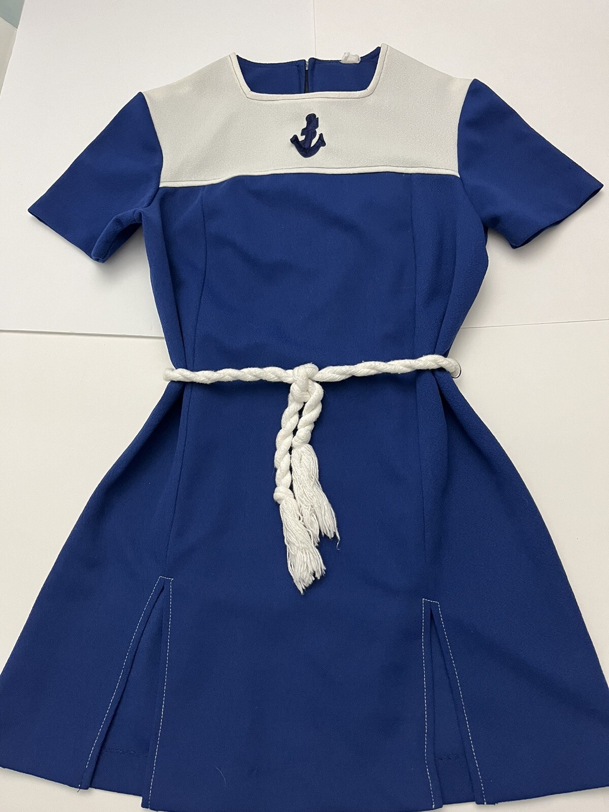 1970s Retro MINI DRESS-Navy Look-Anchor Motif-Side Slits-Braided Rope Belt-Sz 8?