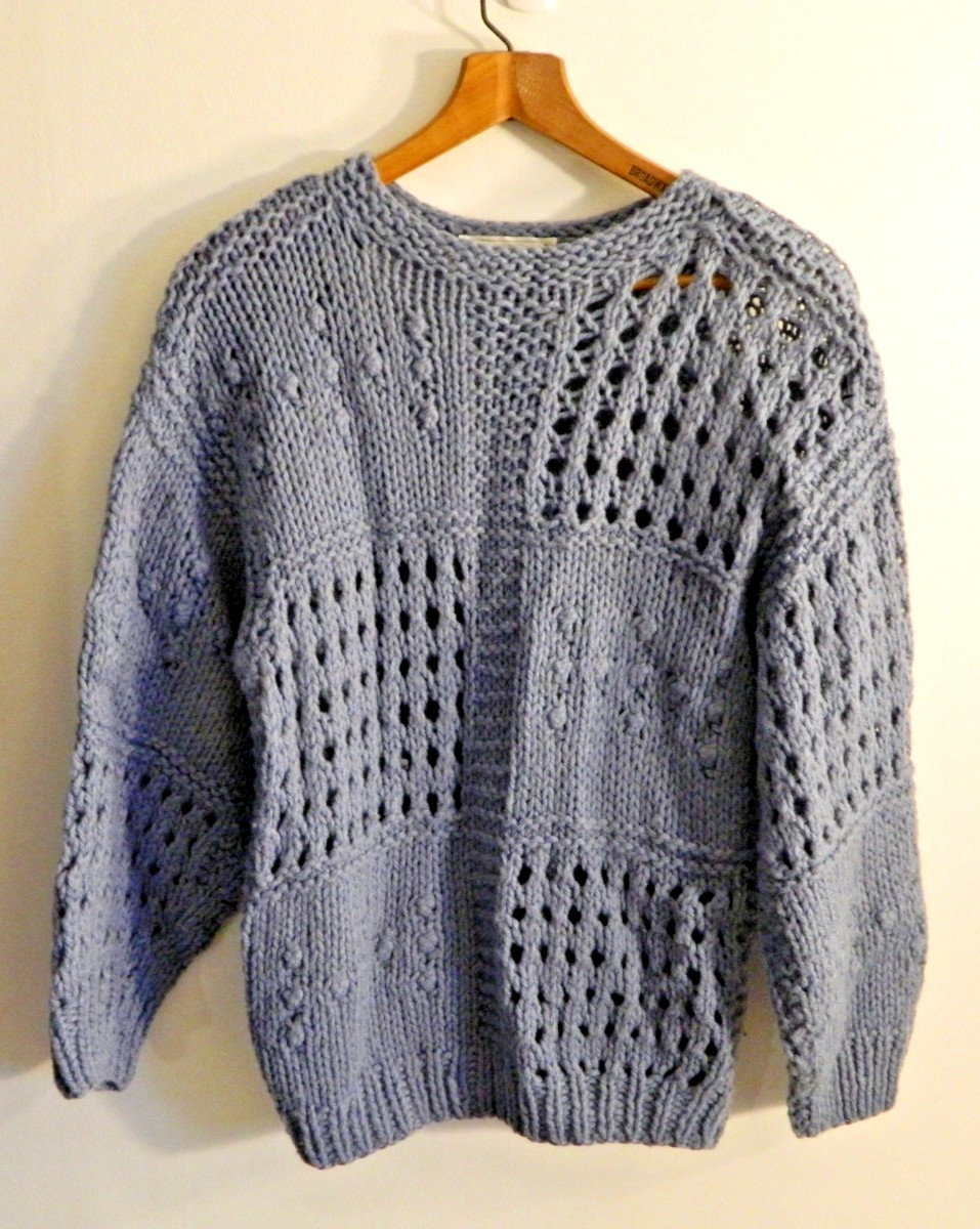 Vtg Wainwright Spencer Hand-Knit Patchwork Sweater Blue Eyelet Bobble Popcorn L