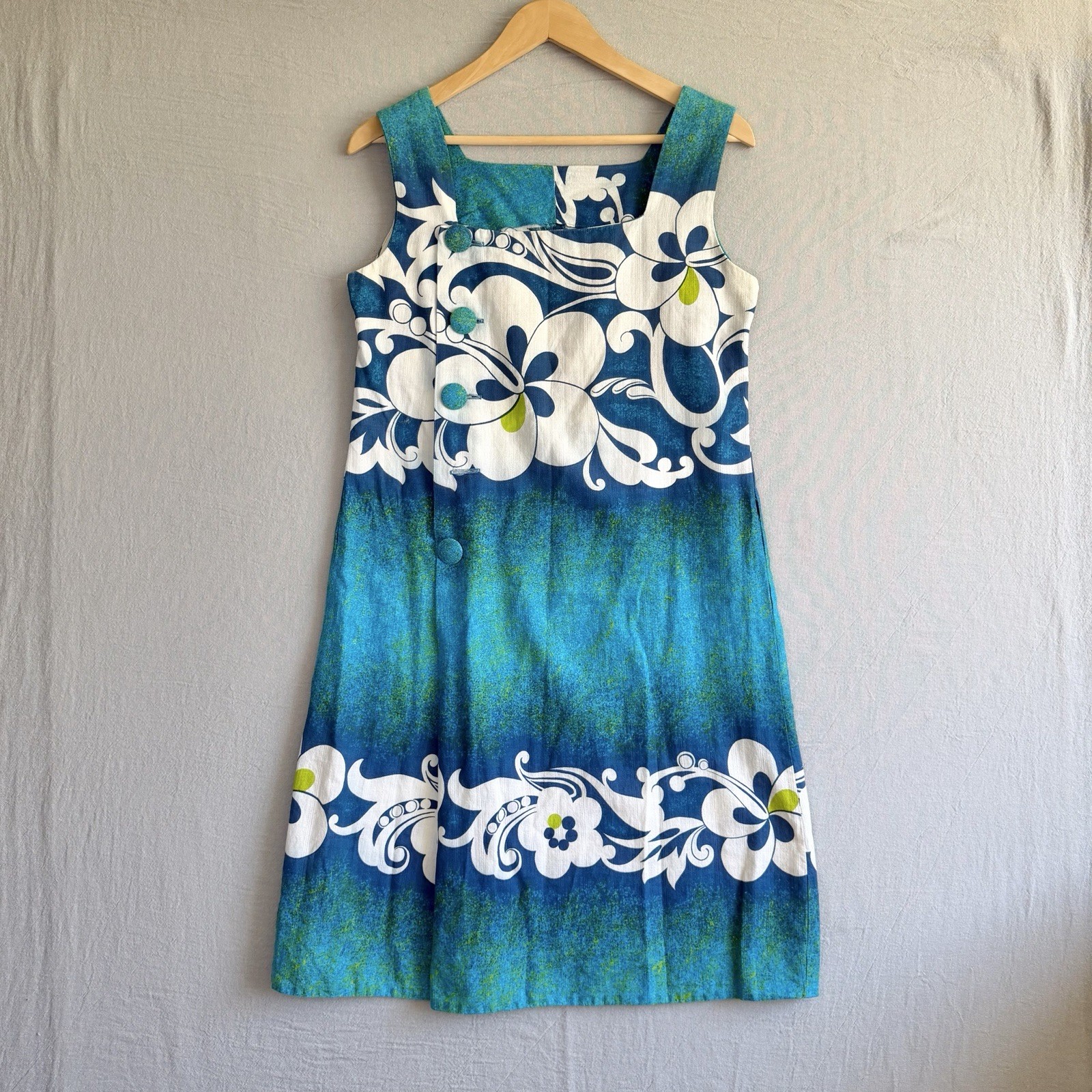 Malihini Vintage Barkcloth Dress Small Blue Sleeveless Hawaiian Floral Buttons