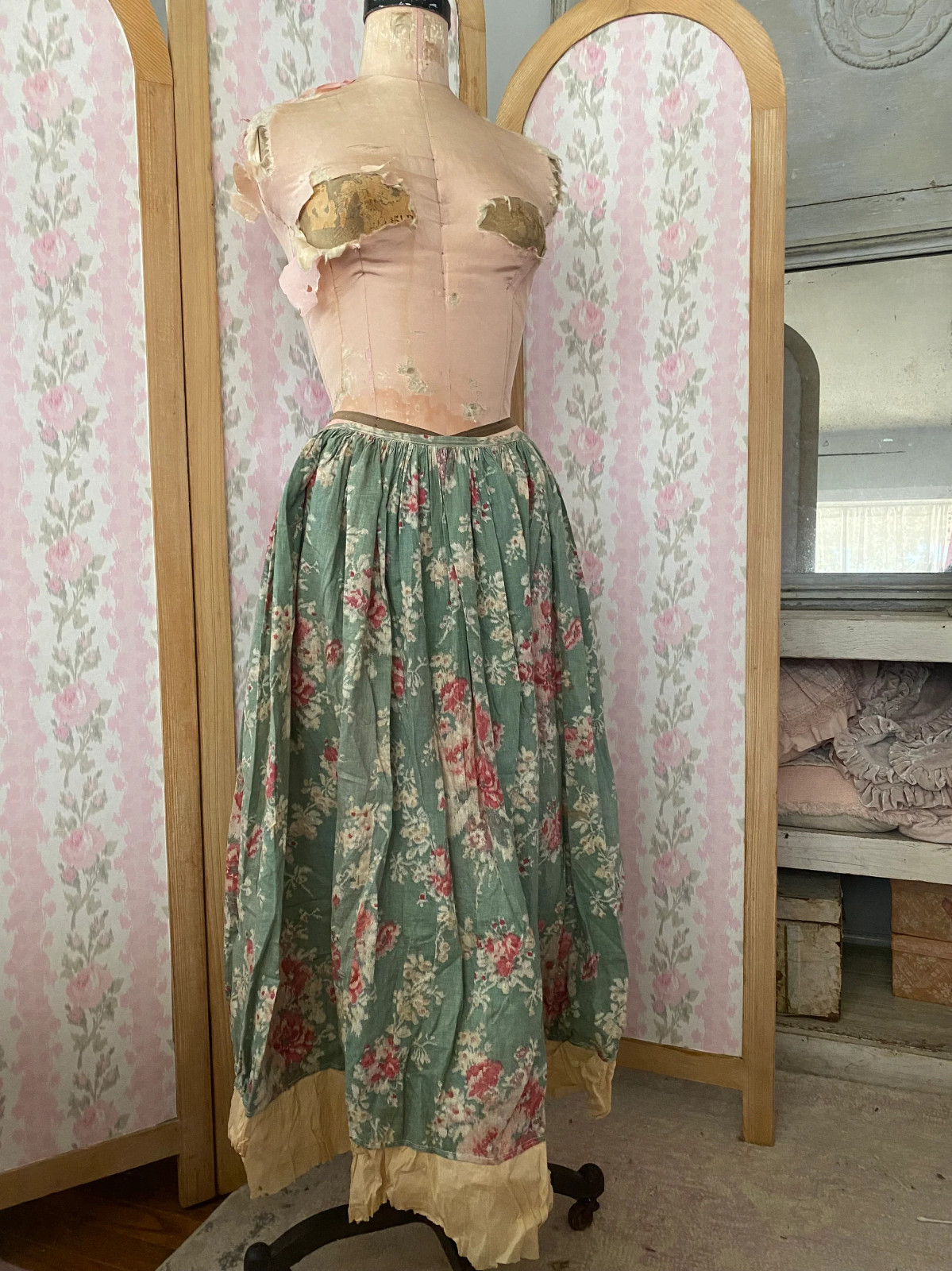 Antique Skirt With Crepe Paper Trim Green Pink Ikat Roses
