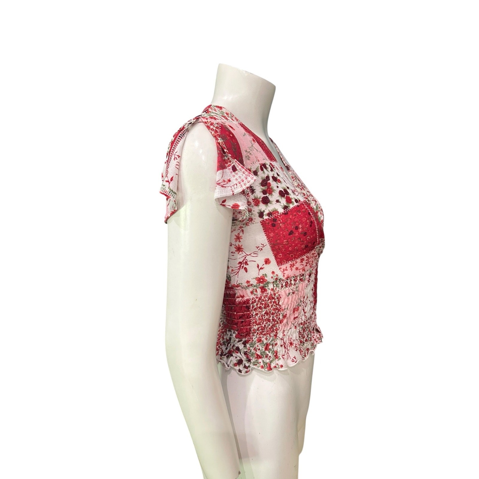 Y2K Pink Patchwork Floral Smocked Crop Top Cottagecore Boho USA Small ^