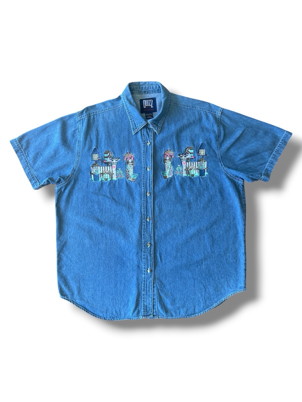 Vintage 90s Quizz Woman Birdhouses Birds Embroidered Denim Button Shirt Large