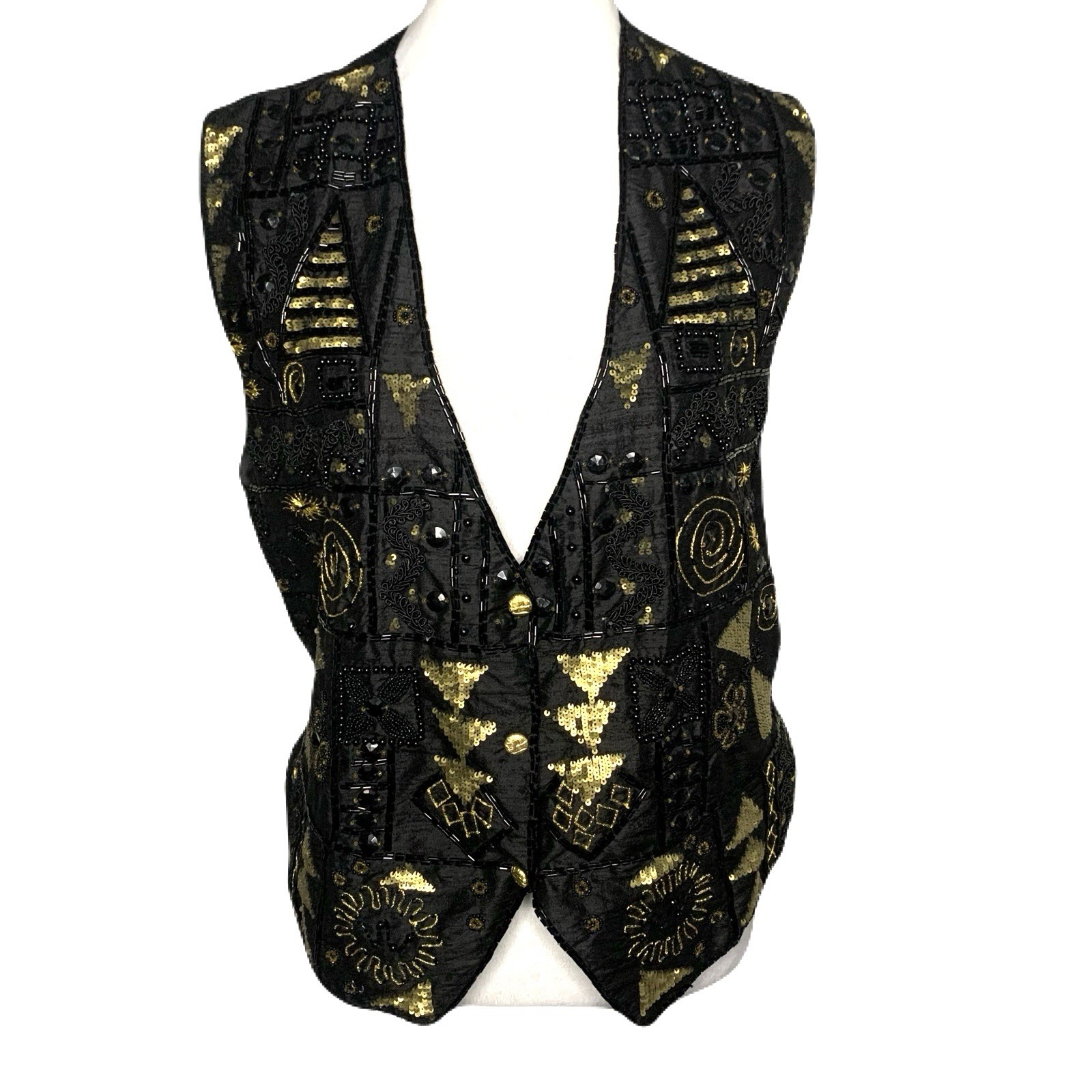 Vintage Modi Women’s 2/4 Black & Gold Beaded Sequin Embellished Glam Rocket Vest