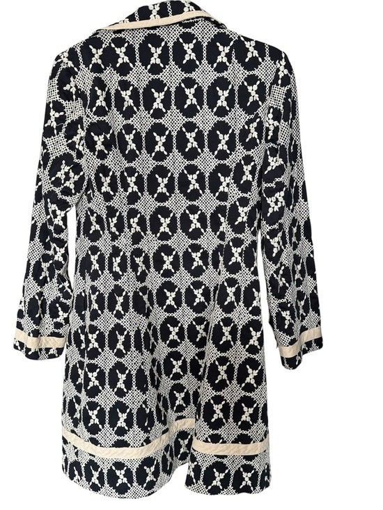 Vintage Nanette Lepore USA Black & Cream Embroidered Cotton Long Jacket Sz 6