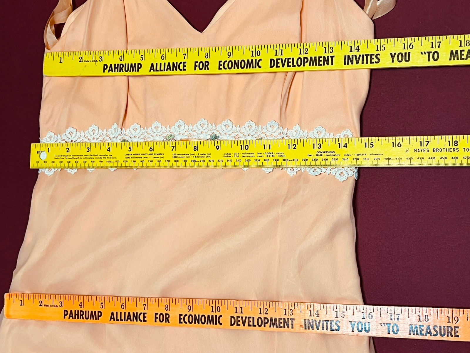 VTG 60s Peach Chiffon Maxi Dress Capelet Floral Lace Ribbon Trim Hemline Damage