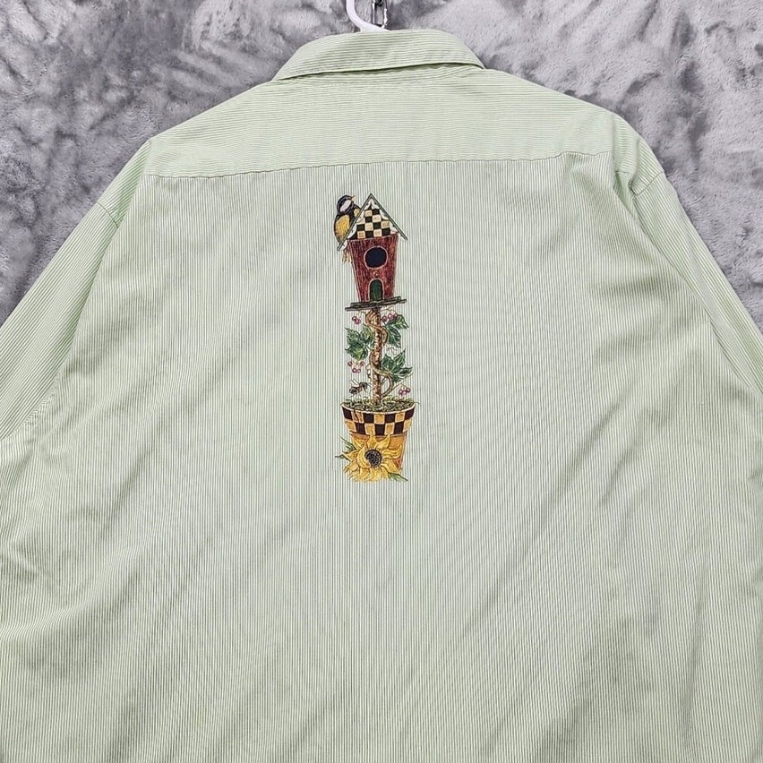 Vintage Get Lucky USA Top Womens 1X Green Striped Long Sleeve Bird House Flowers
