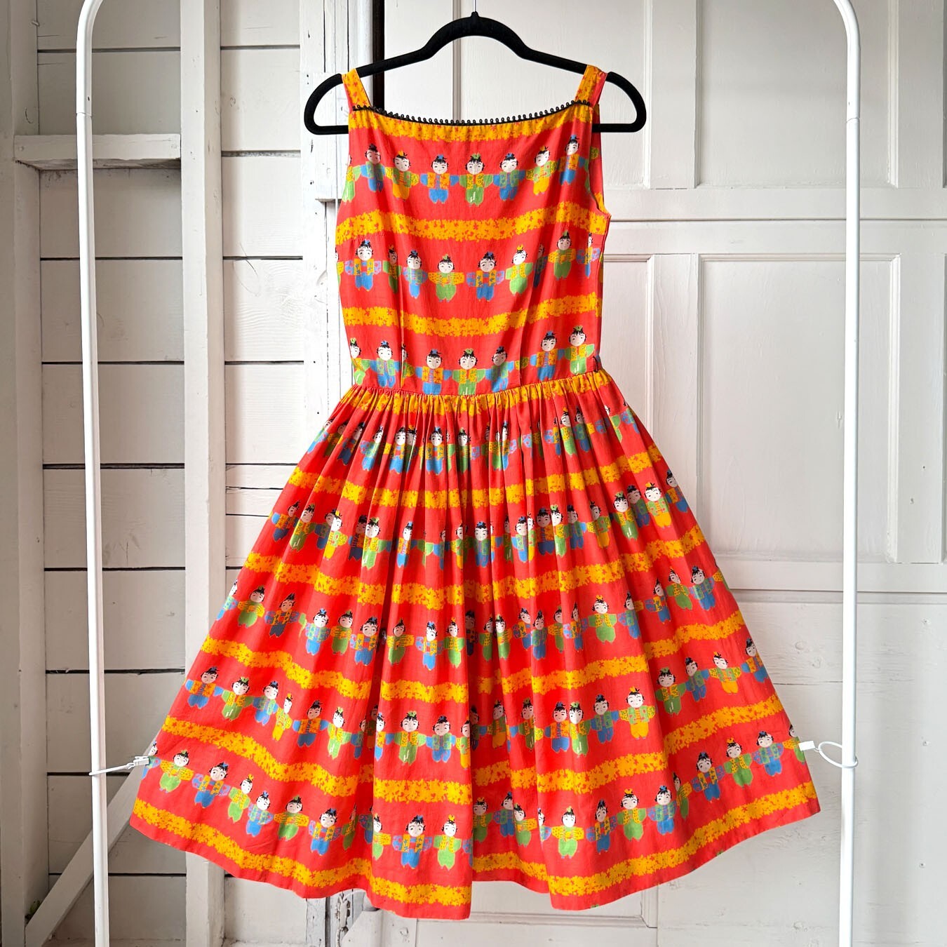 Vintage 50s Liberty House Novelty Print Kokeshi Doll Cotton Hawaiian Dress Small
