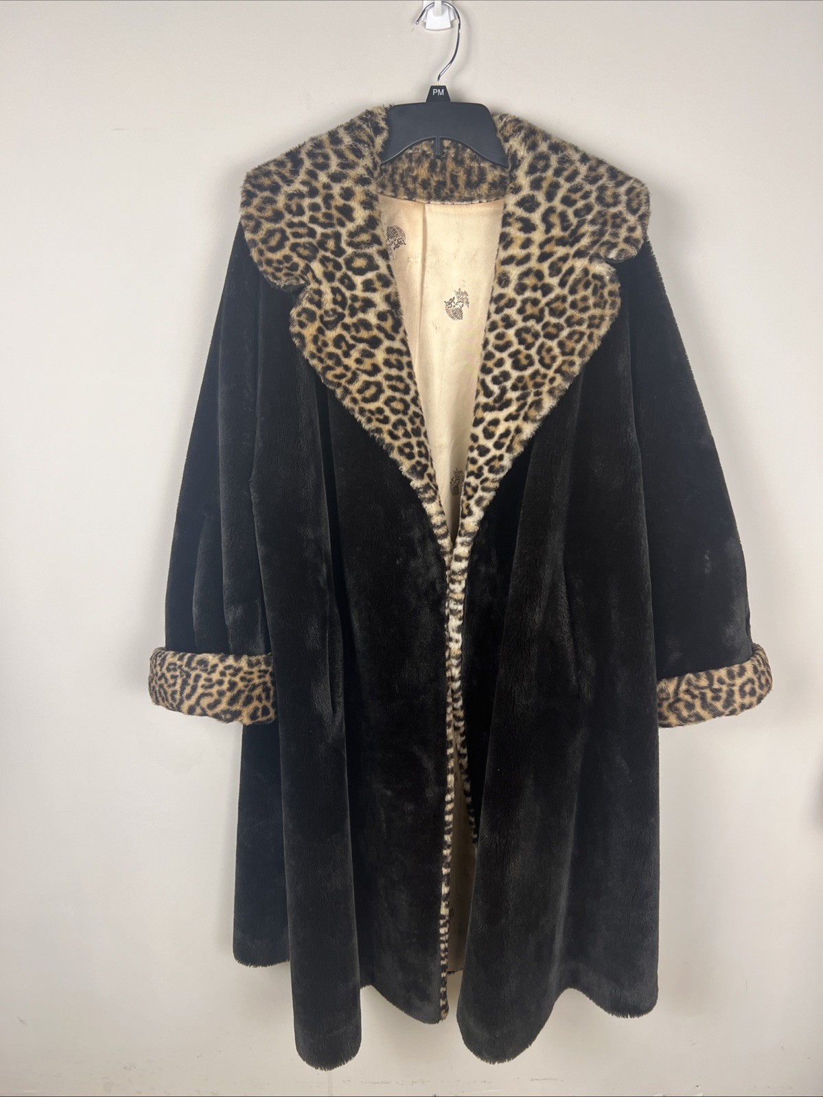 Vintage Borgana Deluxe Faux Fur Coat Black Leopard Print Collar Cuffs Mid Length
