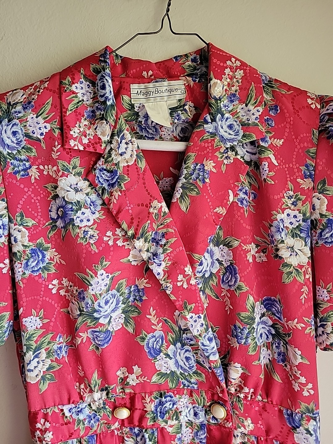 womens vintage secretary midi Collared dress S/M Red Floral Pleated Romantic USA