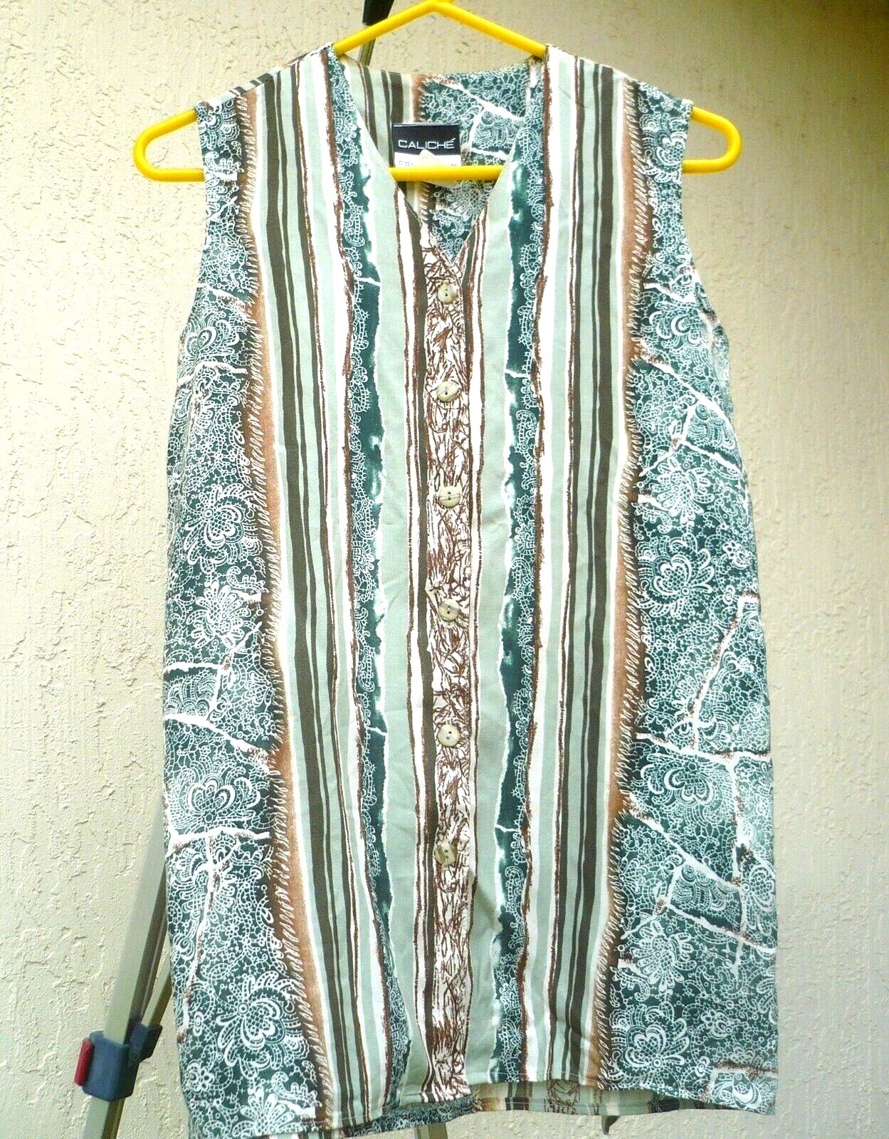 VTG 90S S M CALICHE SLEEVELESS SHIRT BLOUSE JAGGED VERTICLE STRIPED GREEN BROWN