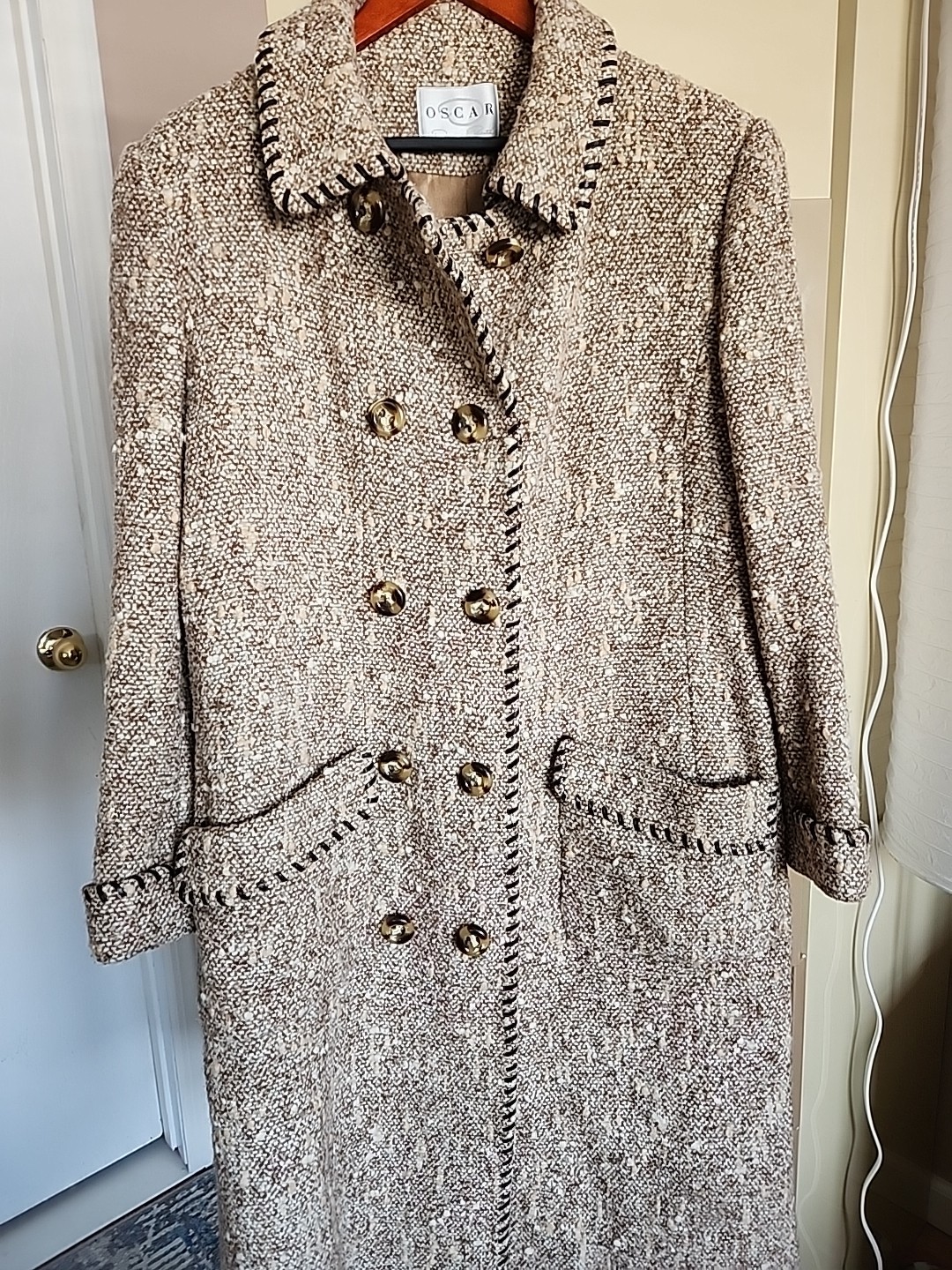 Vintage Oscar de la Renta Wool Tweed Coat Double Breasted Belted Back