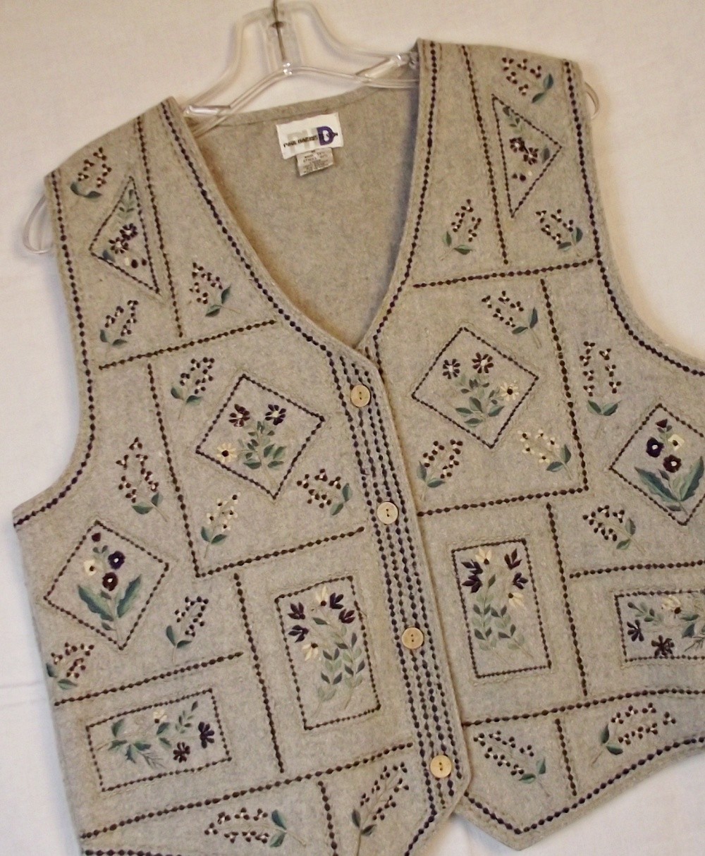 Vintage Paul Harris Design Womens Felted Wool Bld Gray Vest Embroidered Flowers