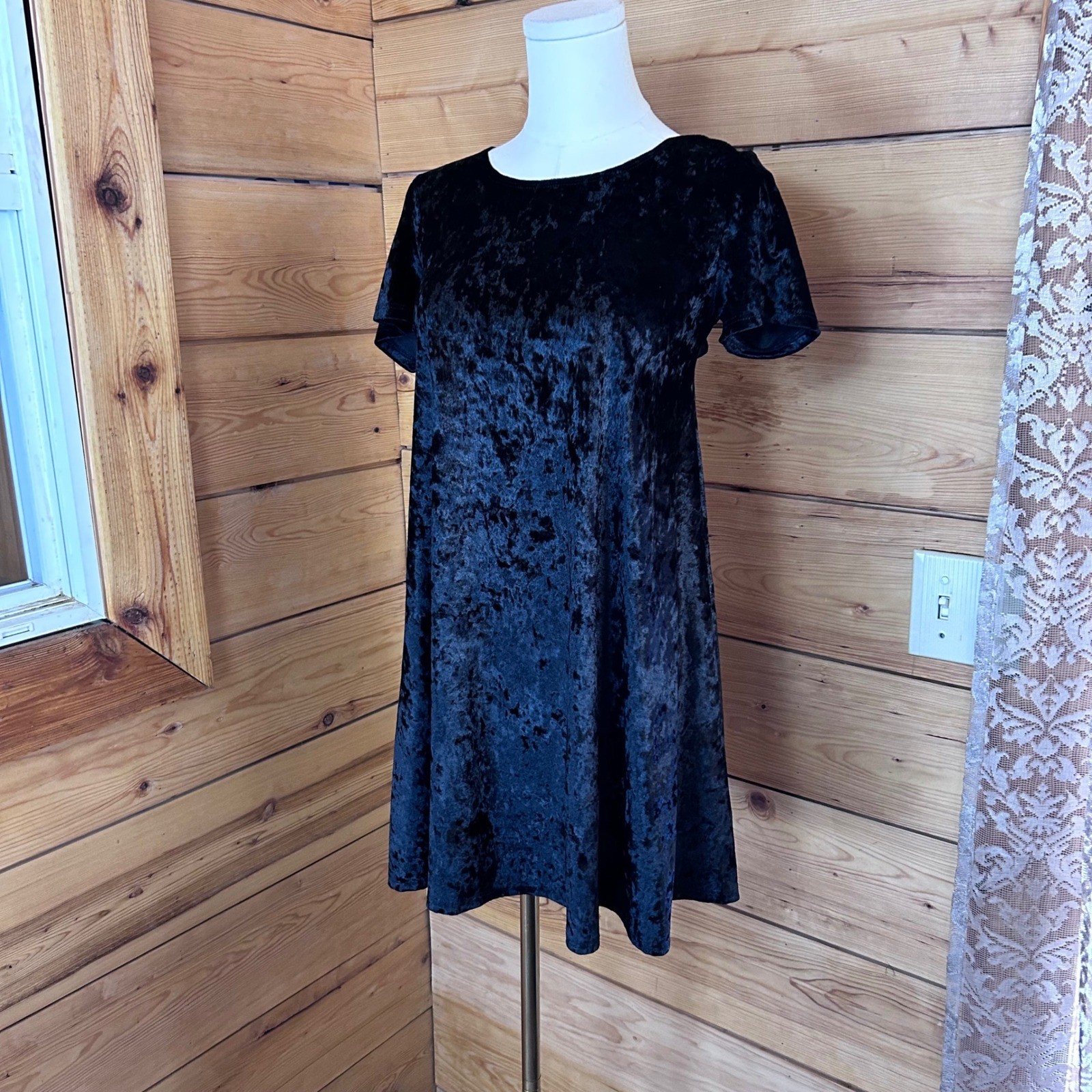 Vintage Crushed Velvet Shift Dress Womens Small Black Babydoll Love Culture