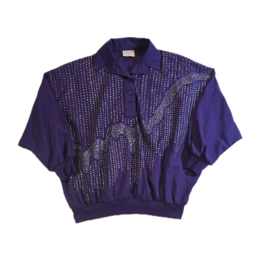Vintage Purple Geste Of Florida Silver Glitter Embellished Blouse