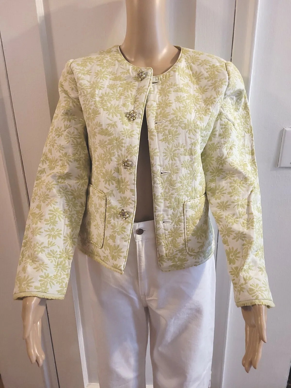 Vintage 1990s Evening/Cocktail Jacket GREEN/IVORY SZ M Floral Print Jaquard NWOT