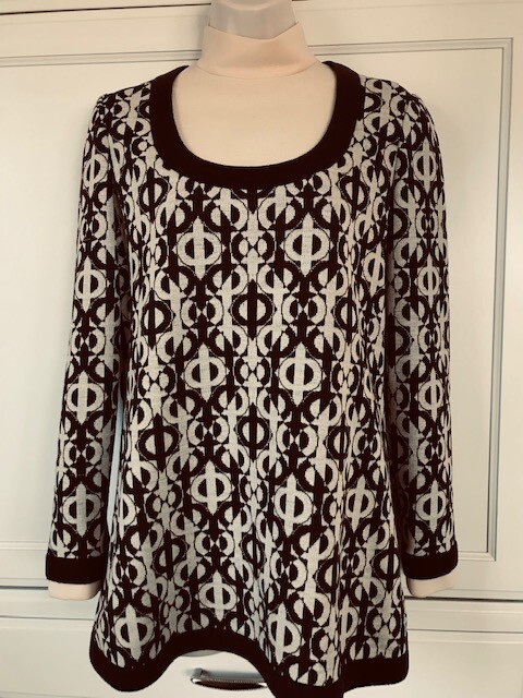 Gibi Roma Tunic Top Vtg Brown Ivory Knit Sz 10 L/S Virgin Wool 70s 80s Turtle Nk