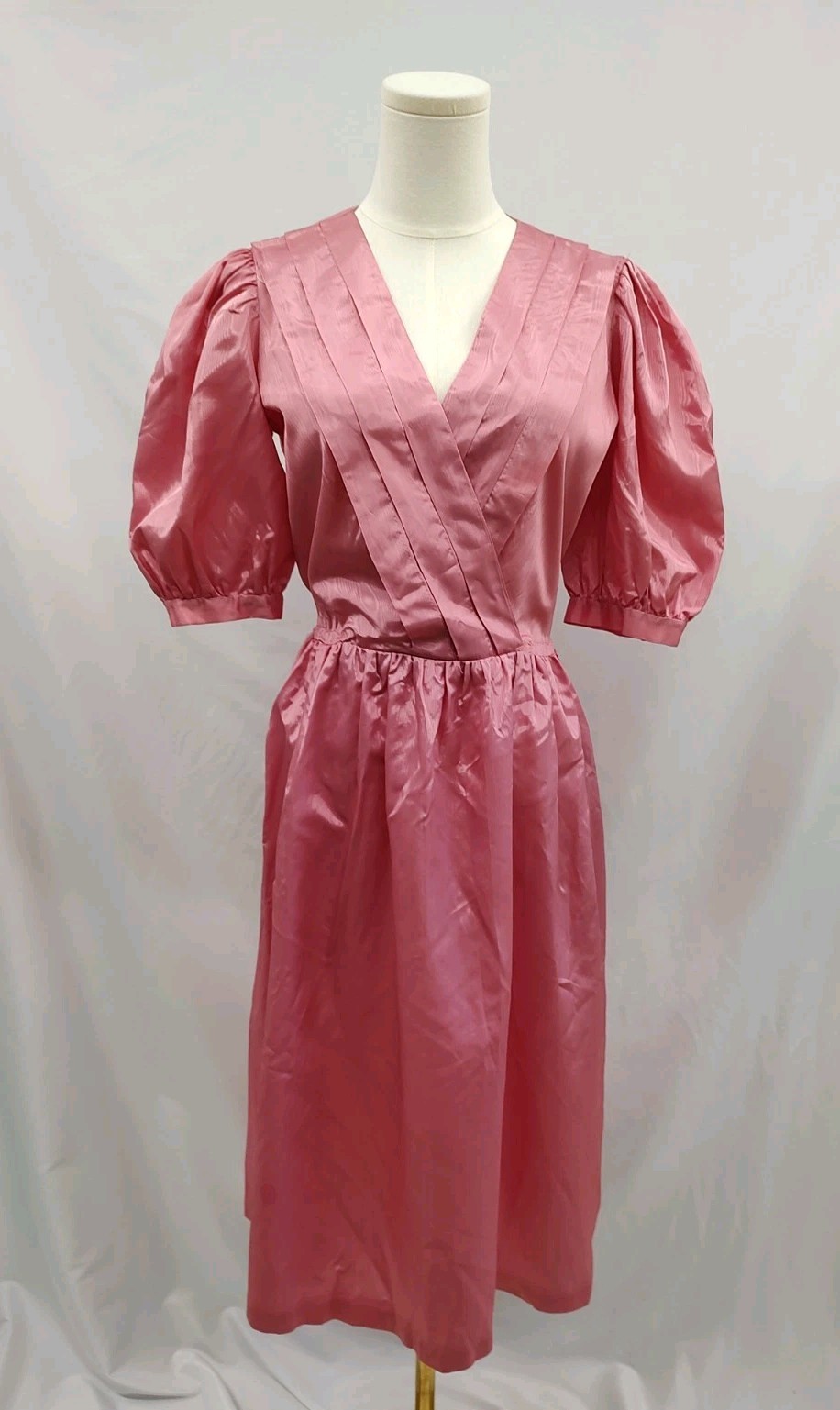 80’s Vintage Dress Mauve Moire Taffeta Puff Sleeve Midi Length Cross Front Sz L