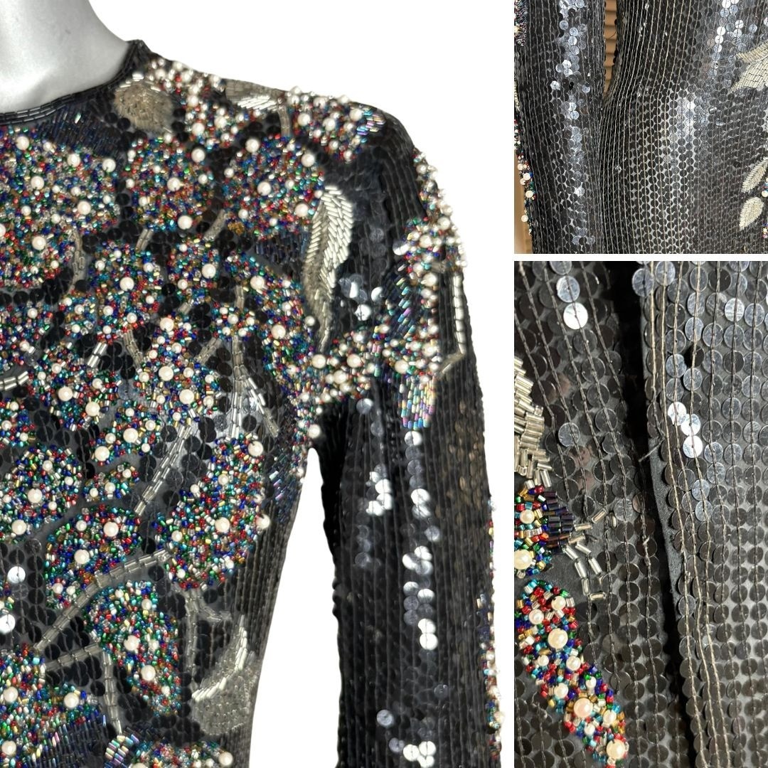 Vintage 90s RIAZEE Couture Black Beaded Sequin Silk Evening Gown Formal Dress 6