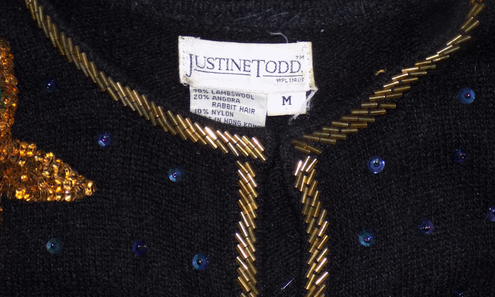 Vintage 80s Black Lambswool Angora Christmas Sweater Sequins Justine Todd M B34
