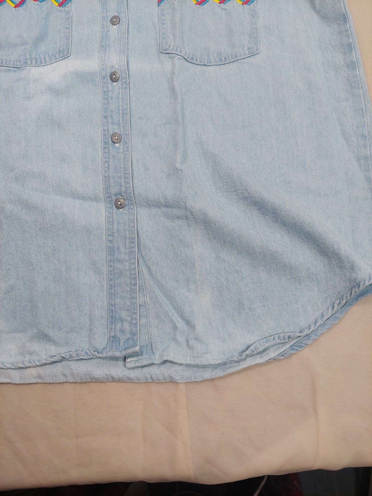 Vintage Denim Shirt L Sleeveless Western Zig Zag Boho Cowgirl 90s 100% Cotton