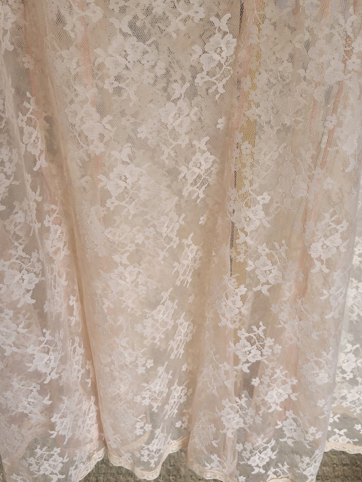 VINTAGE 1970S LORRIE KABALA SHEER NUDE LACE WEDDING DRESS Size XS BEAUTIFUL
