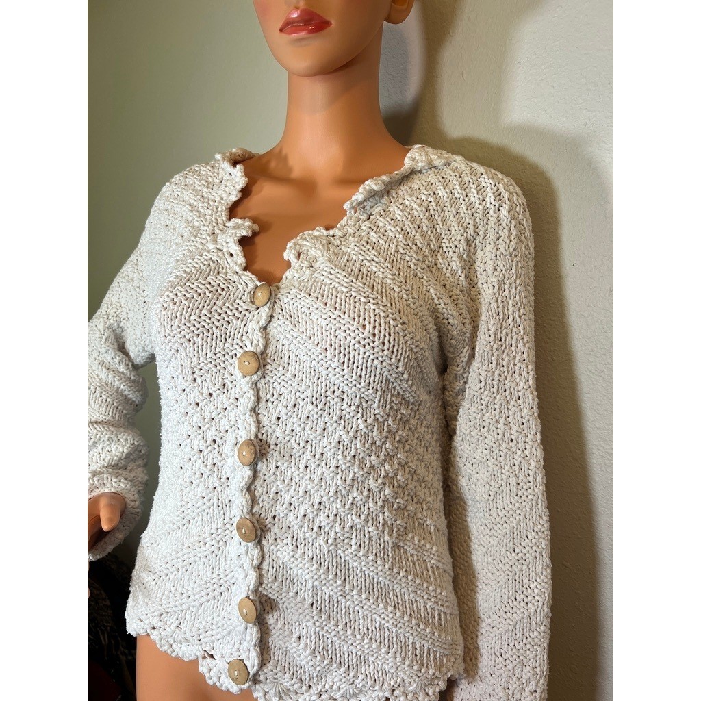 Vintage Handknit Cardigan White Cotton Cottagecore Sweater SIZE?