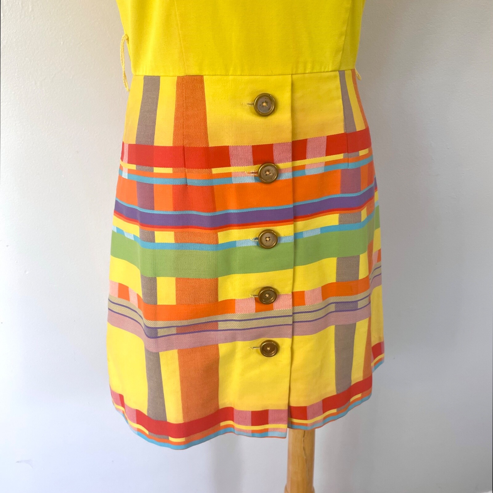 Vintage 60s Elizabeth Stewart Dress Culotte Skort Romper Yellow Plaid Size S/M