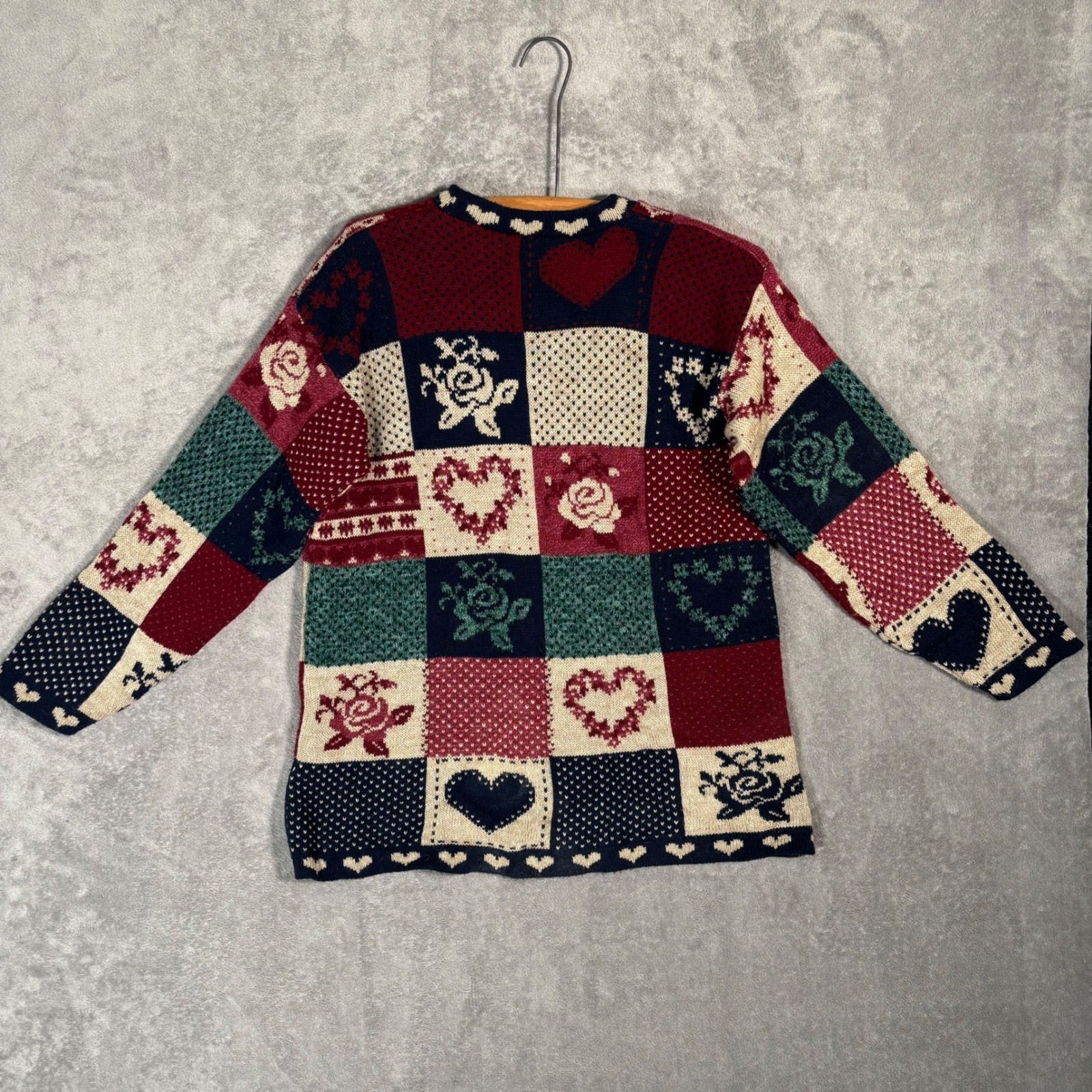 Classic Elements Vintage 90s Patchwork Heart Rose Knit Sweater Petite Large USA